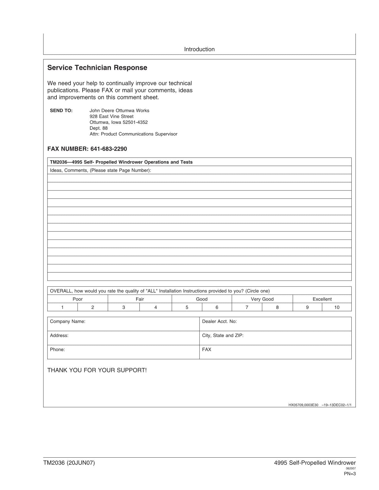 JOHN DEERE 4995 WINDROWER-BETRIEBSTEST-SERVICEHANDBUCH