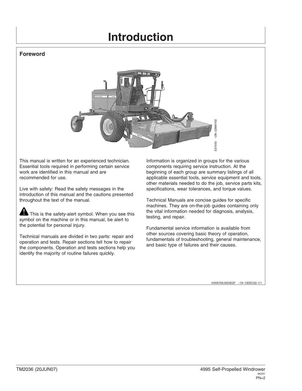 JOHN DEERE 4995 WINDROWER OPERATION TEST SERVICE MANUAL