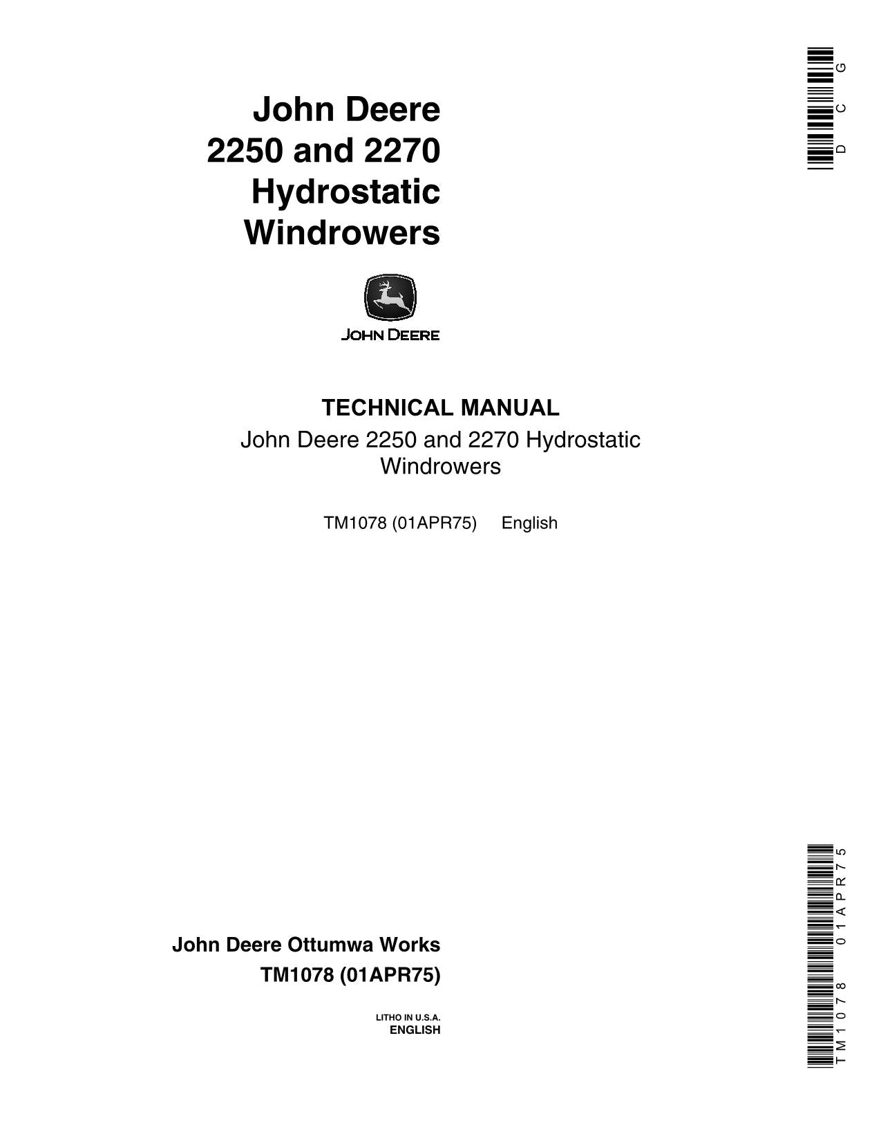 JOHN DEERE 2250 2270 2200 WINDROWER REPAIR SERVICE TECHNICAL MANUAL TM ...