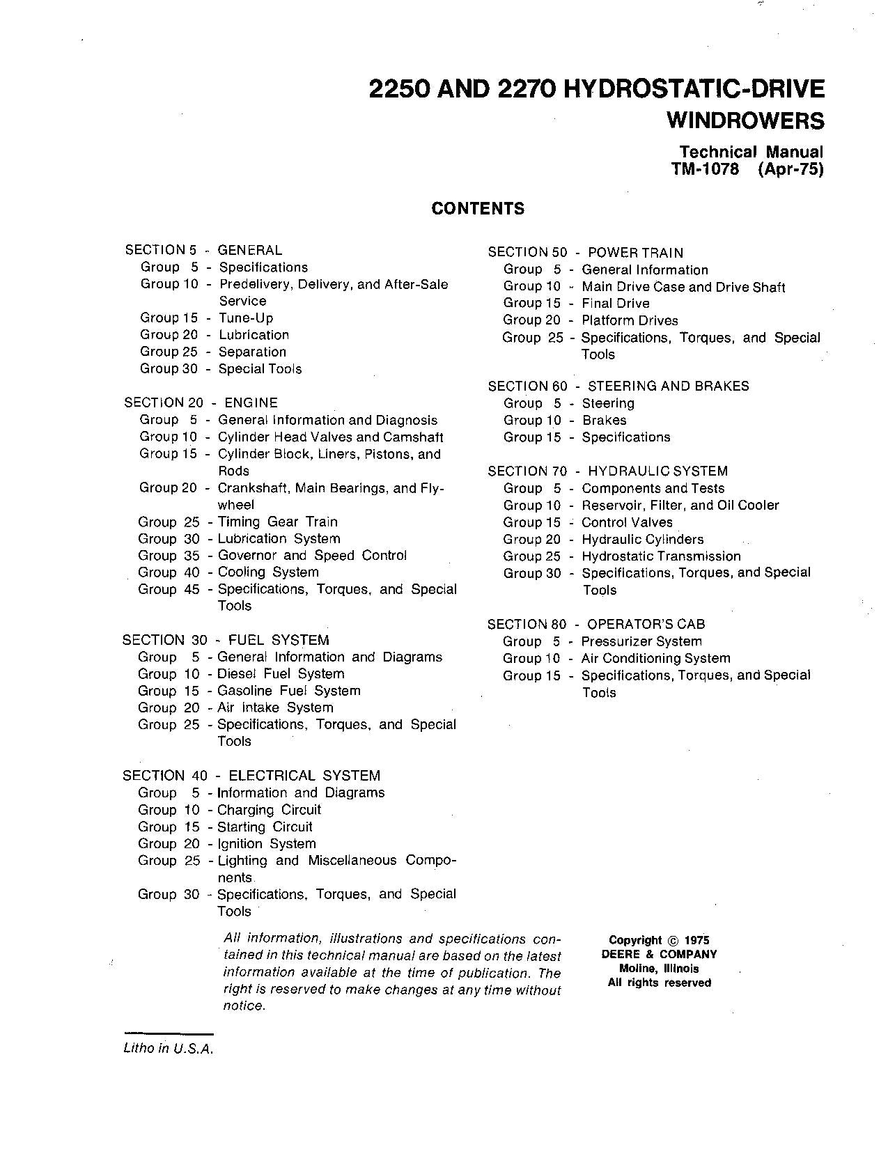 JOHN DEERE 2250 2270 2200 WINDROWER REPAIR SERVICE TECHNICAL MANUAL TM ...