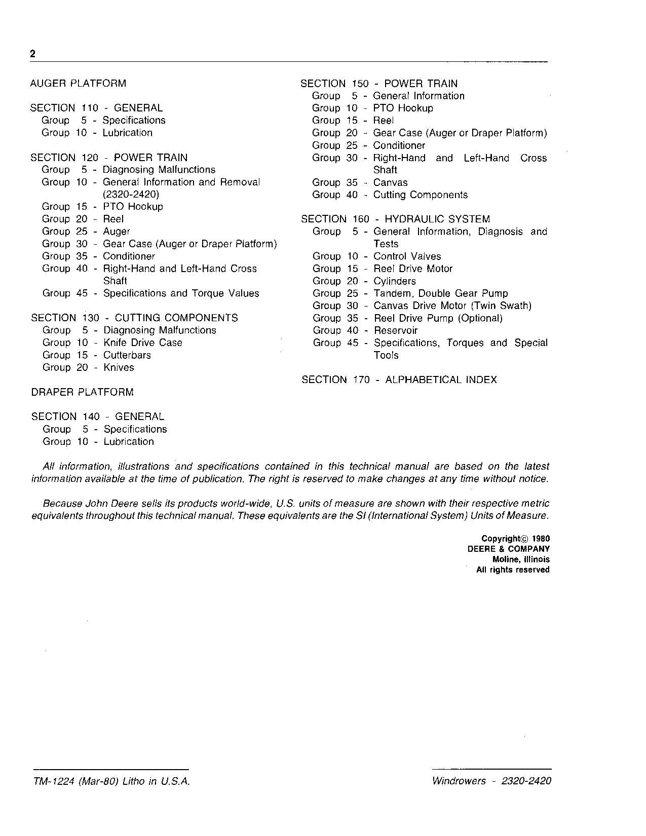 JOHN DEERE 2320 2420 WINDROWER SERVICE MANUAL