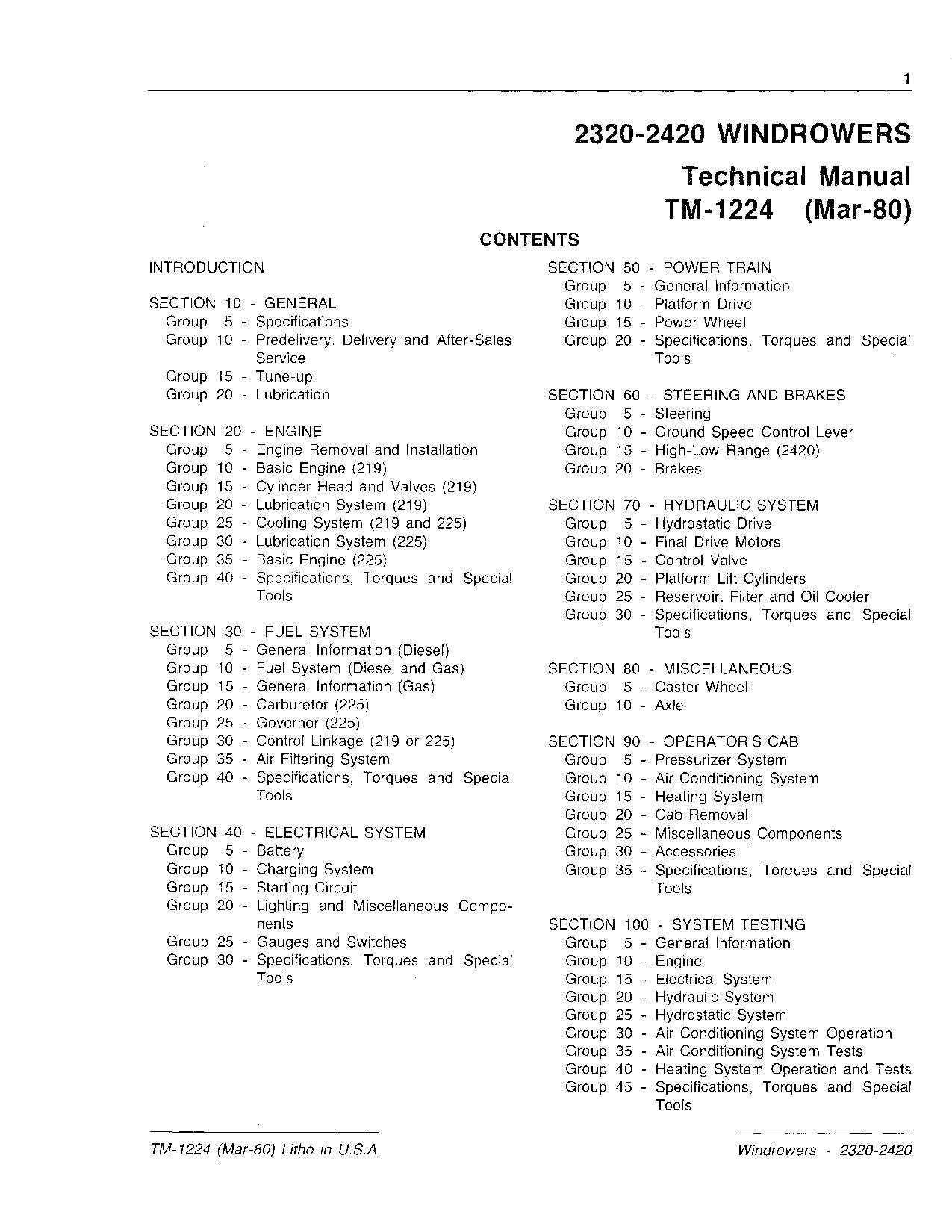 JOHN DEERE 2320 2420 WINDROWER SERVICE MANUAL