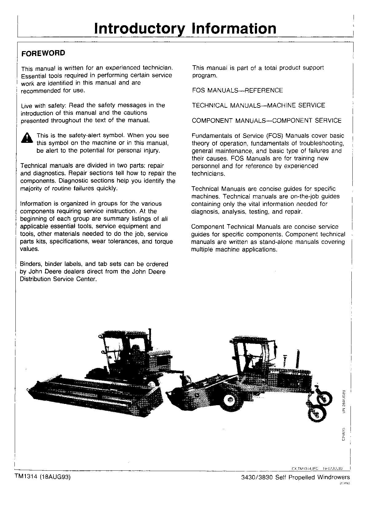 JOHN DEERE 3430 3830 WINDROWER SERVICE MANUAL