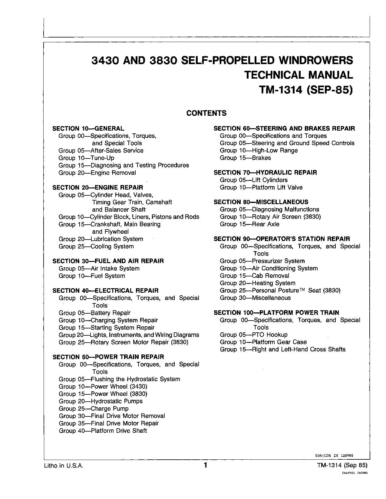 JOHN DEERE 3430 3830 WINDROWER SERVICE MANUAL