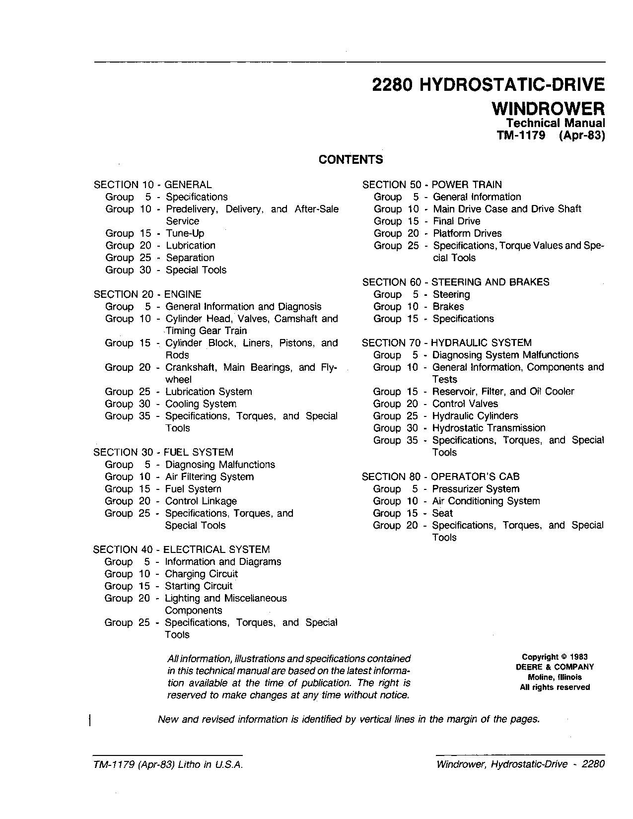 JOHN DEERE 2280 WINDROWER SERVICEHANDBUCH