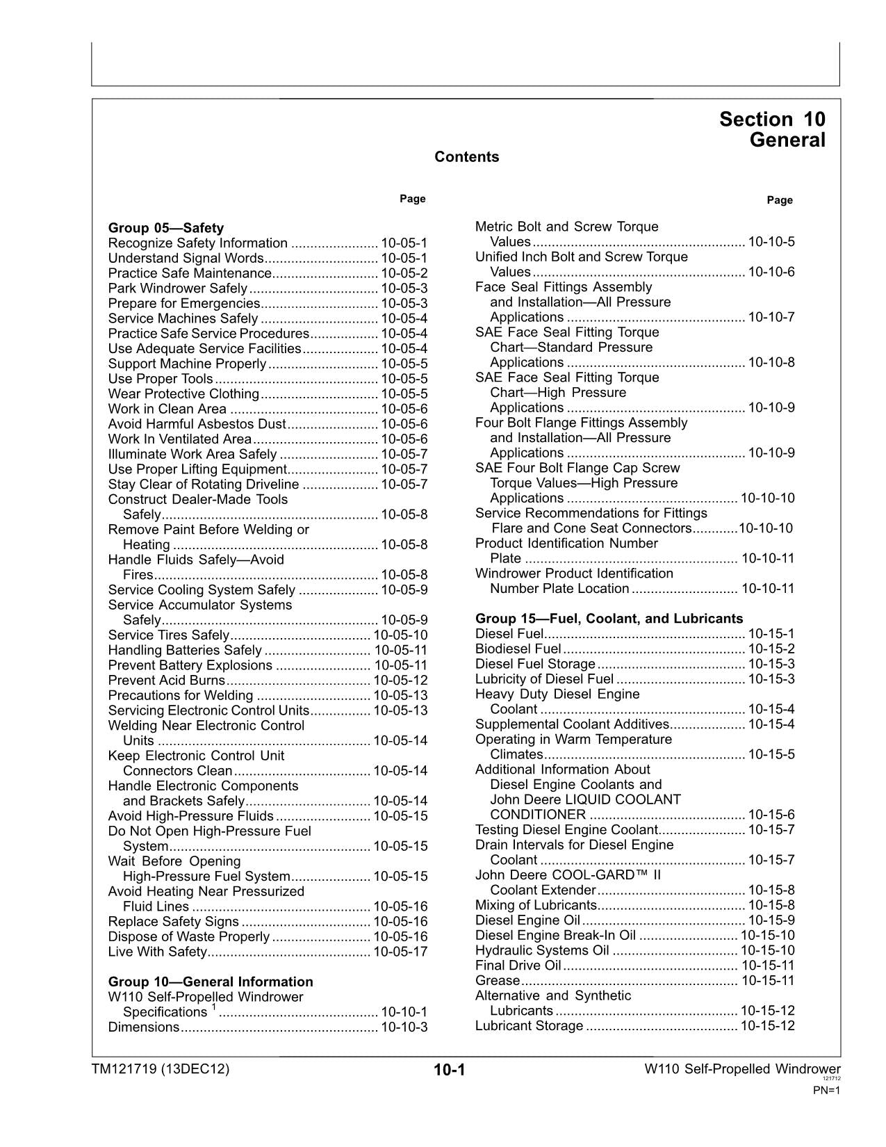 JOHN DEERE W110 WINDROWER SERVICEHANDBUCH