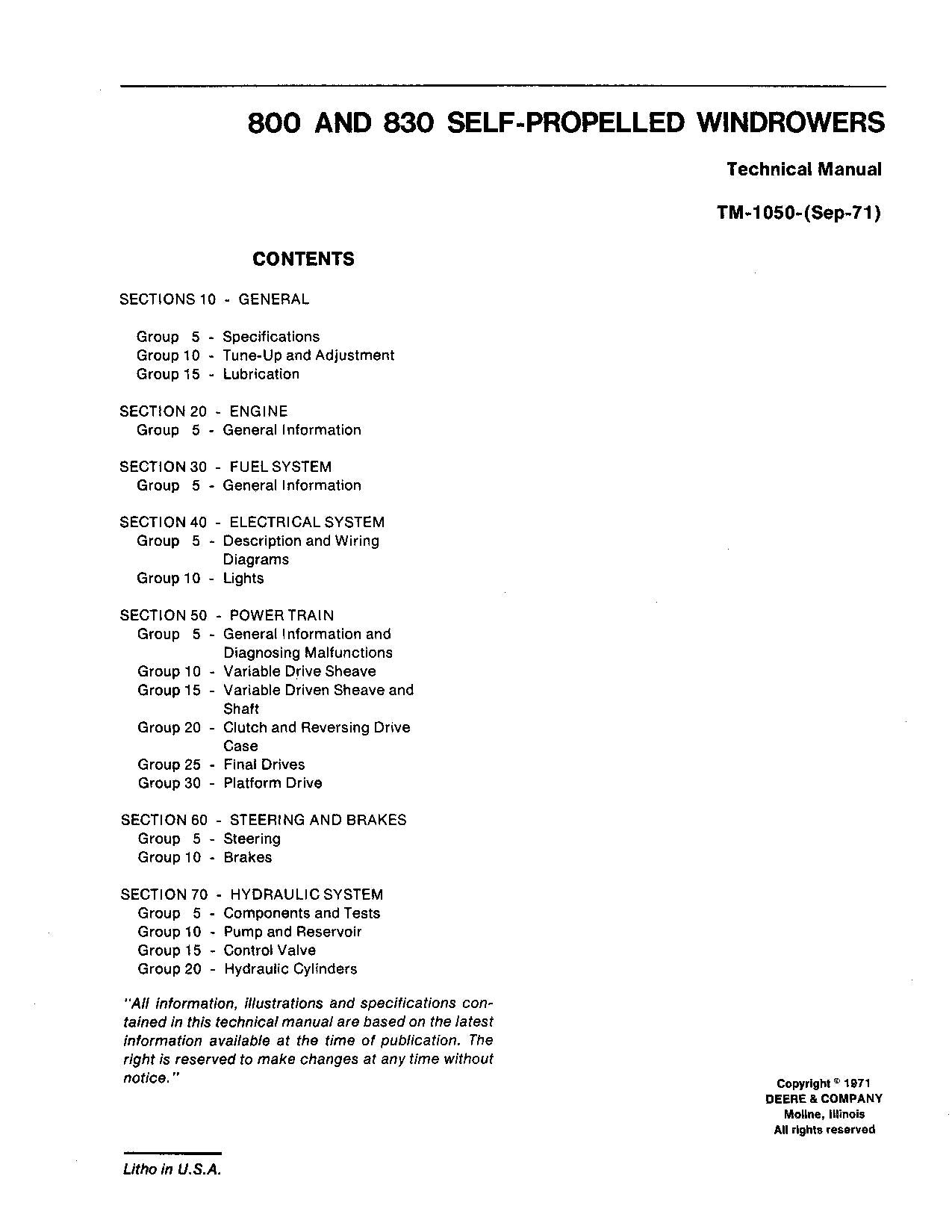 JOHN DEERE 800 830 WINDROWER SERVICE MANUAL