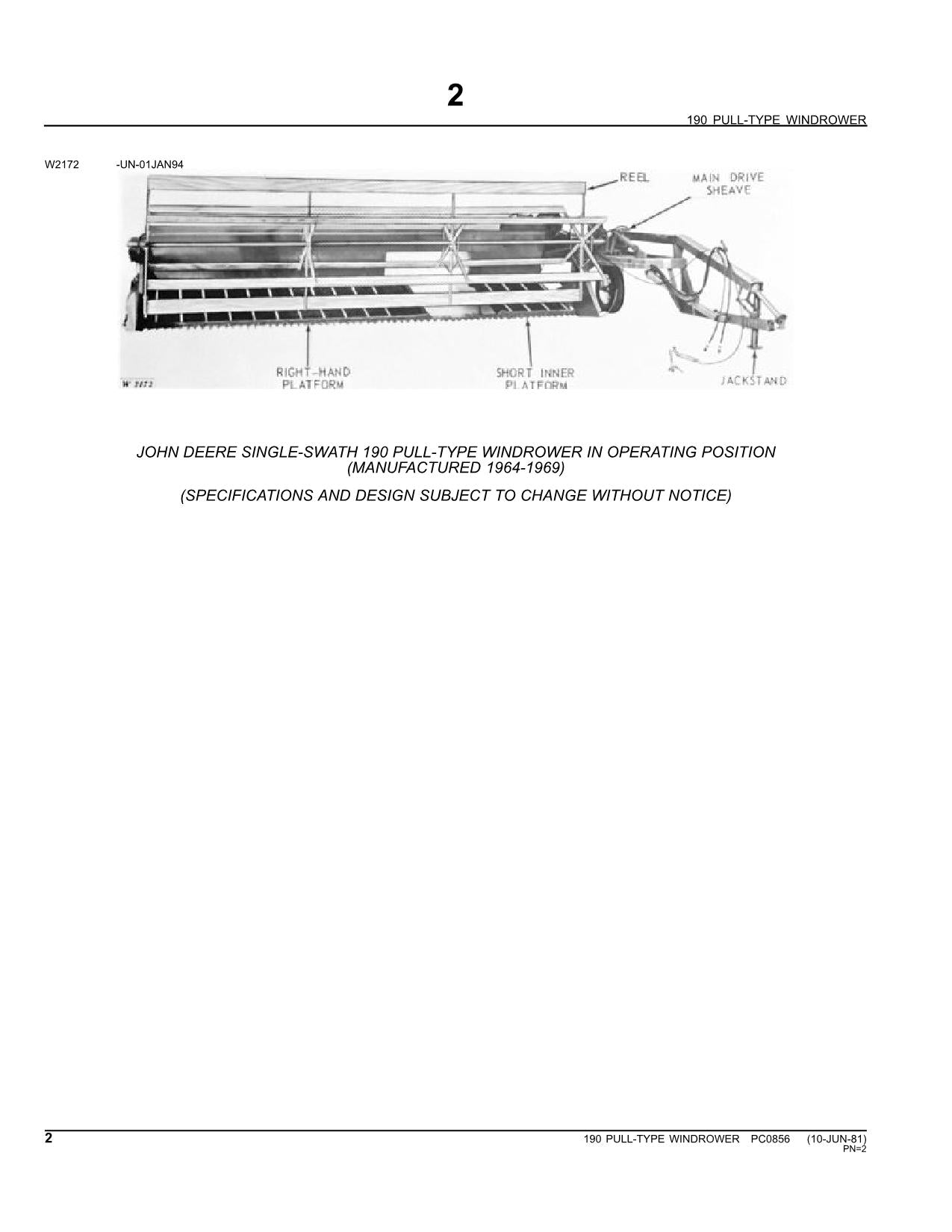 JOHN DEERE 190 WINDROWER PARTS CATALOG MANUAL