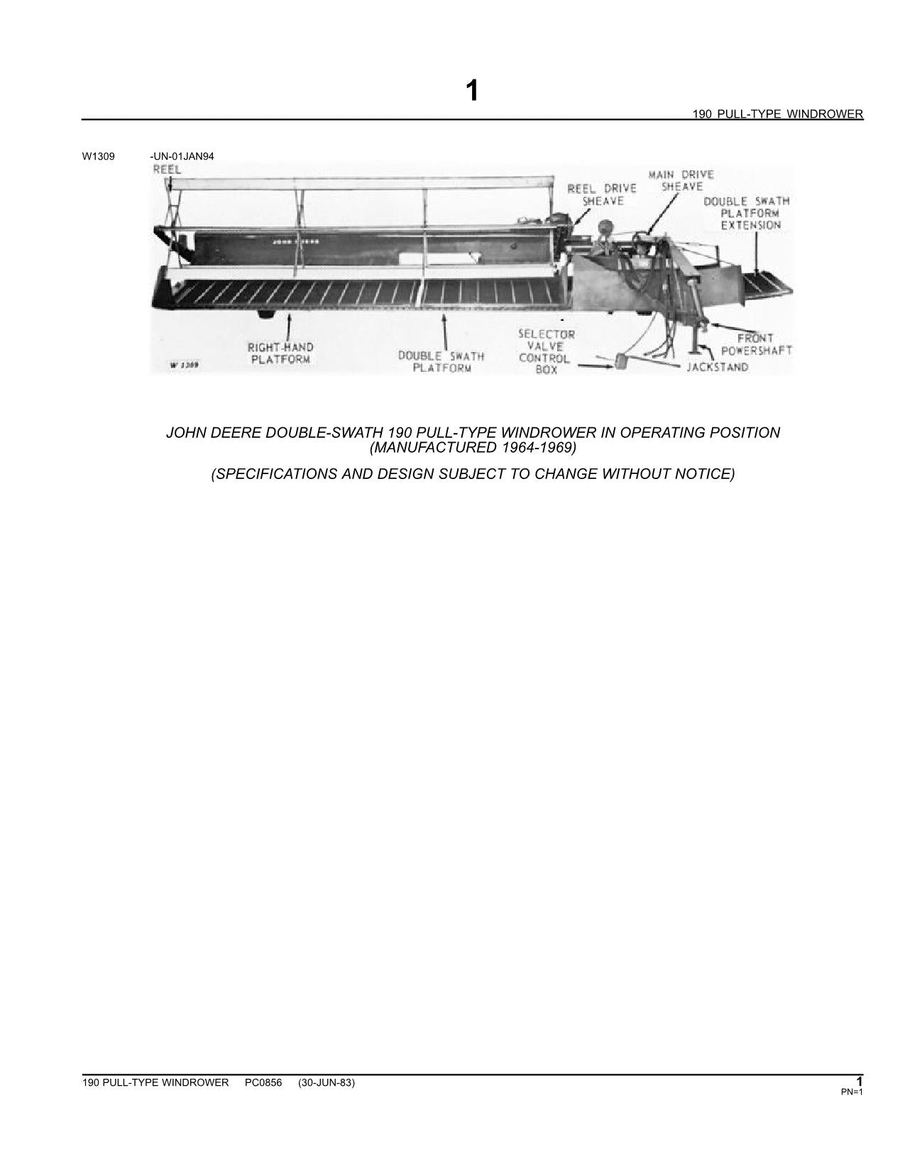 JOHN DEERE 190 WINDROWER PARTS CATALOG MANUAL