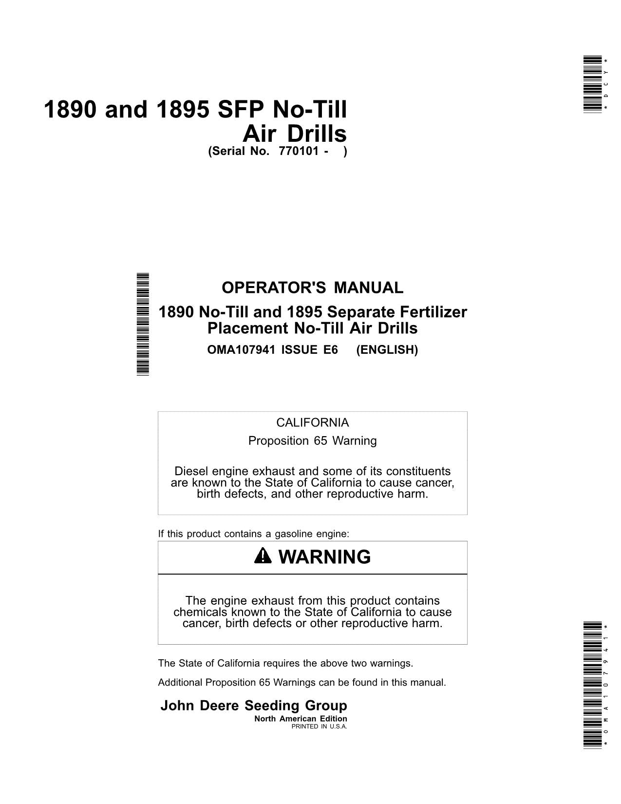 JOHN DEERE 1890  1895 AIR DRILL OPERATORS MANUAL