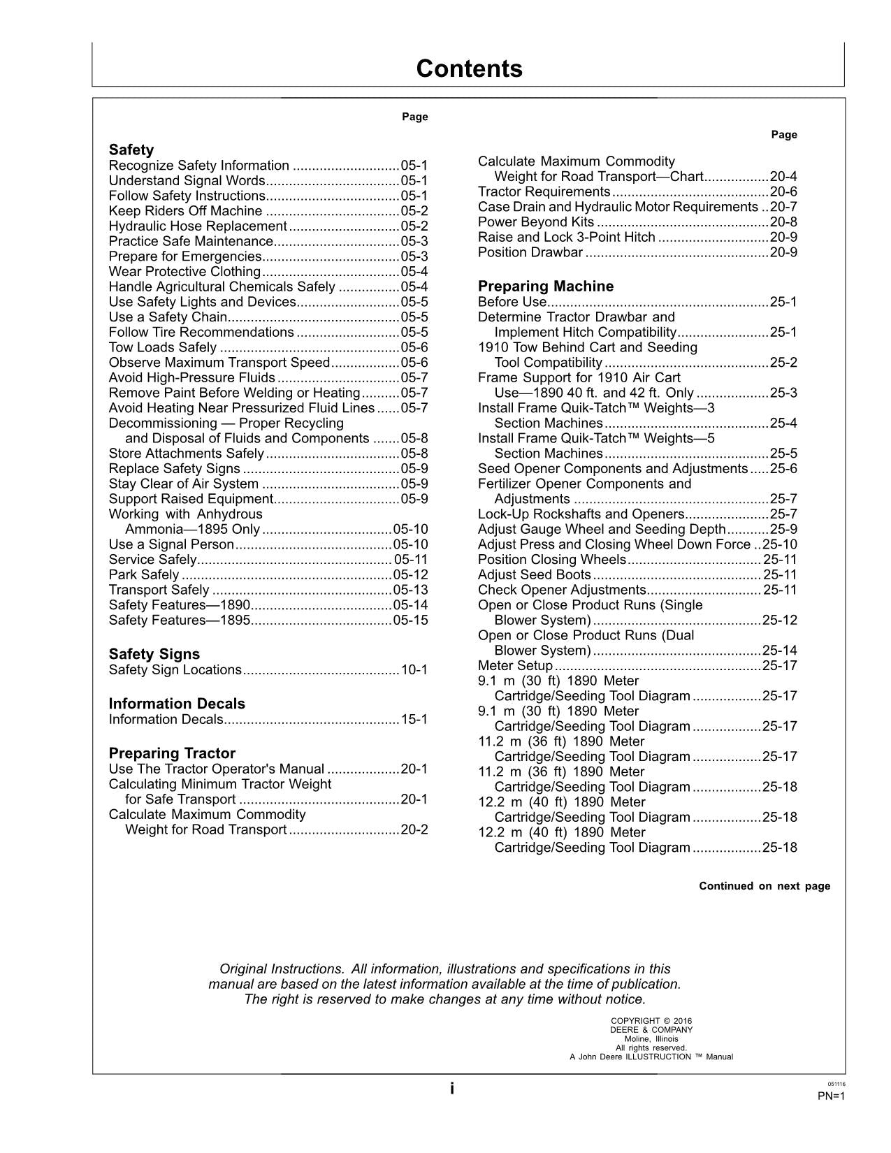 JOHN DEERE 1890  1895 AIR DRILL OPERATORS MANUAL