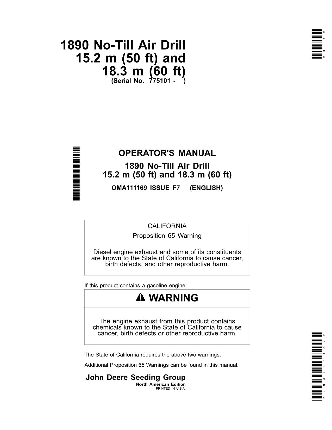 JOHN DEERE 1890 AIR DRILL OPERATORS MANUAL #1