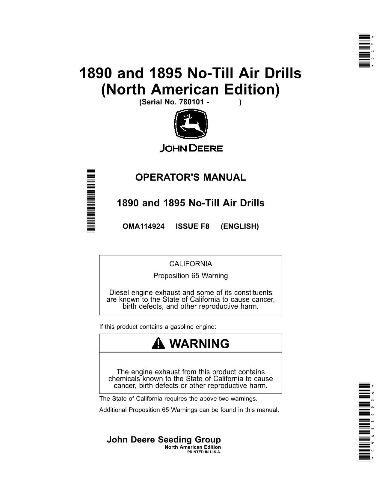 JOHN DEERE 1895  1890 AIR DRILL OPERATORS MANUAL