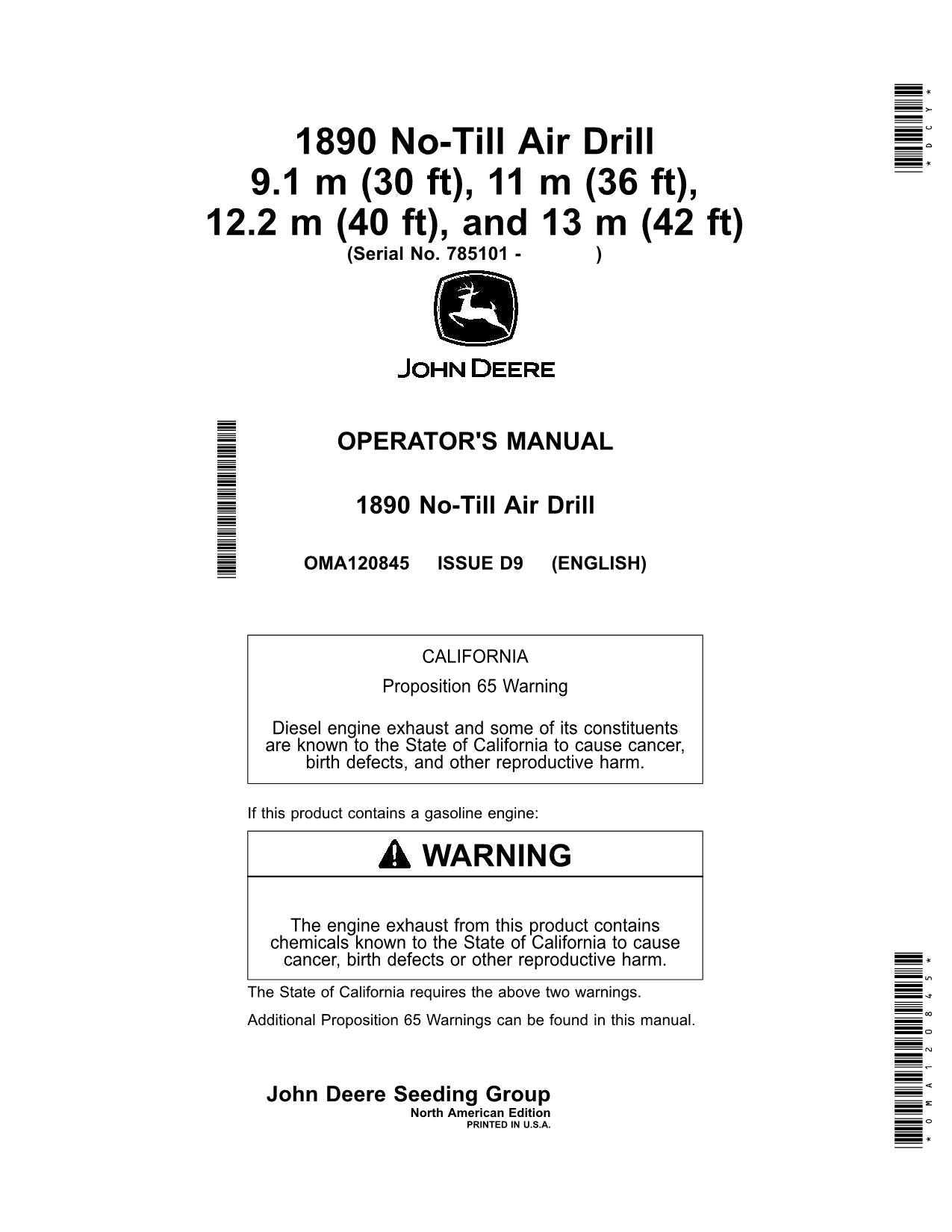 JOHN DEERE 1890 AIR DRILL OPERATORS MANUAL OMA120845