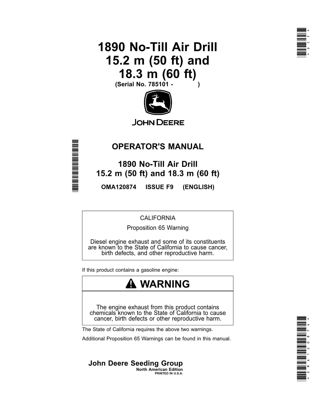 MANUEL D'UTILISATION DE LA PERCEUSE PNEUMATIQUE JOHN DEERE 1890 OMA120874