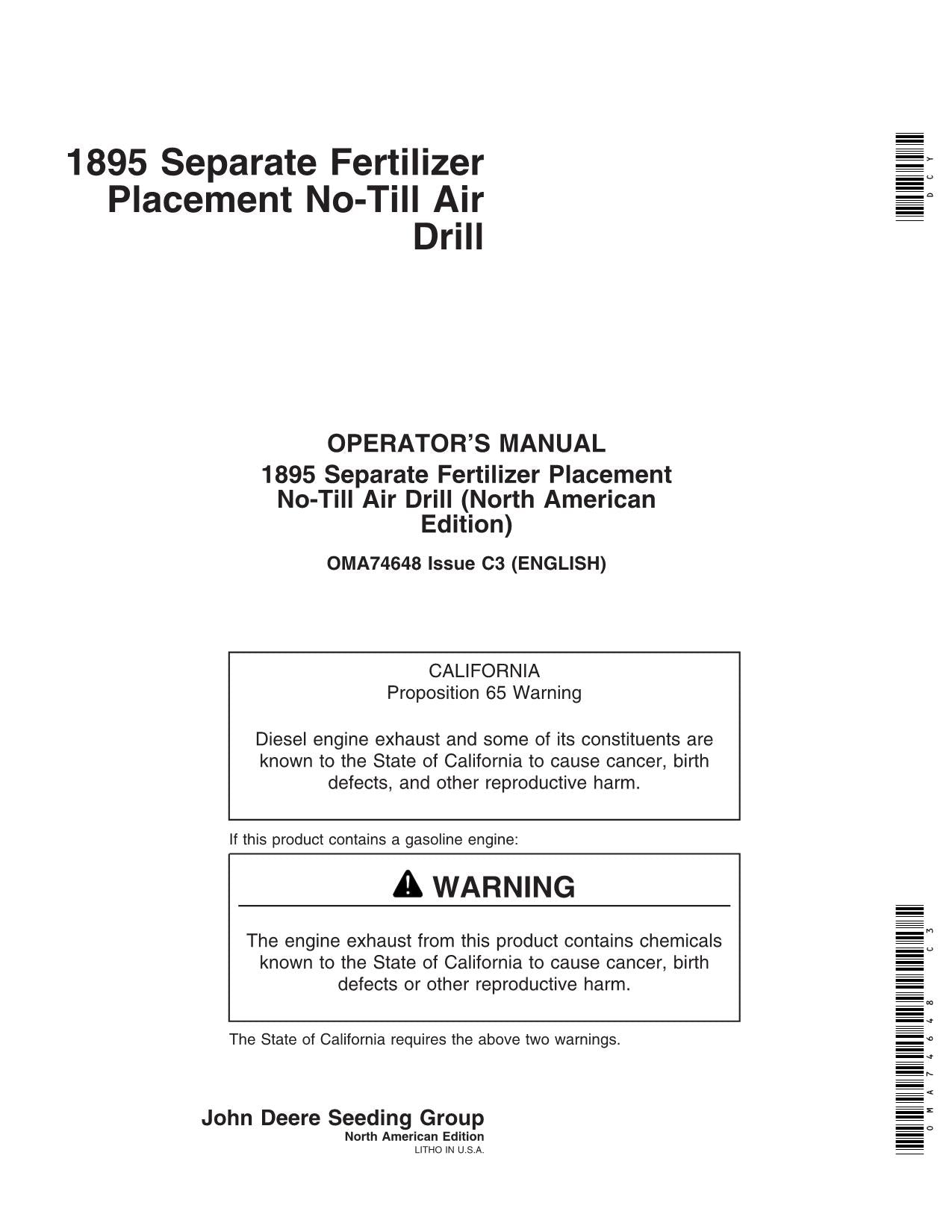 JOHN DEERE 1895 AIR DRILL OPERATORS MANUAL #1