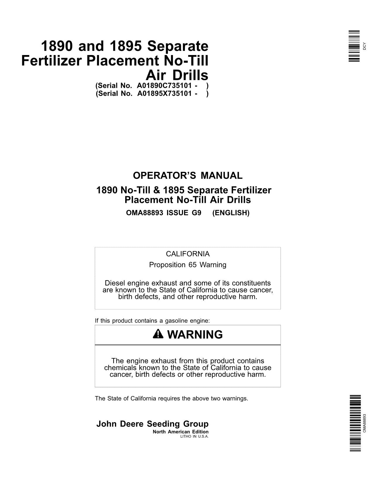 JOHN DEERE 1890 1895 AIR DRILL OPERATORS MANUAL #3