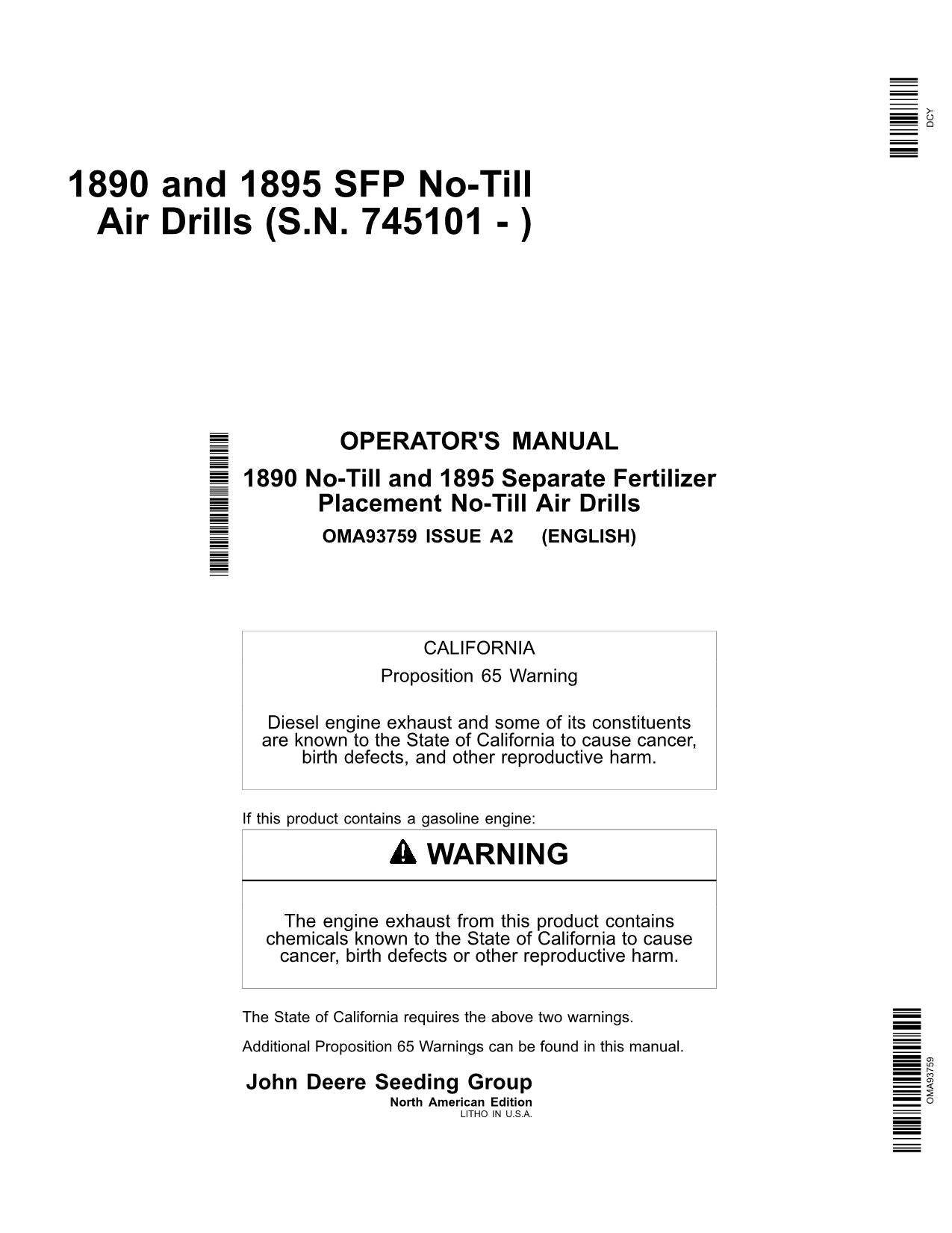 JOHN DEERE 1890 1895 AIR DRILL OPERATORS MANUAL #5