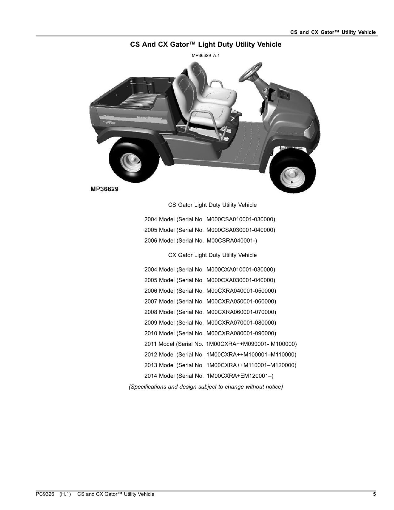 JOHN DEERE CS CX GATOR UTILITY VEHICLE PARTS CATALOG MANUAL