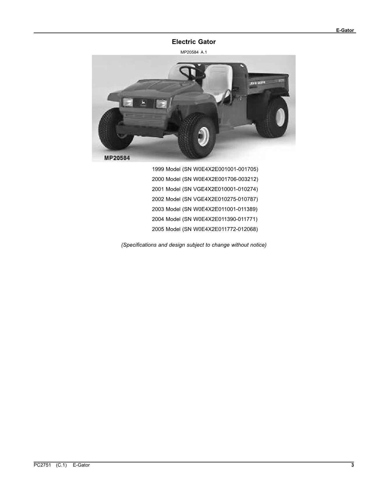 JOHN DEERE E-GATOR GATOR UTILITY VEHICLE PARTS CATALOG MANUAL