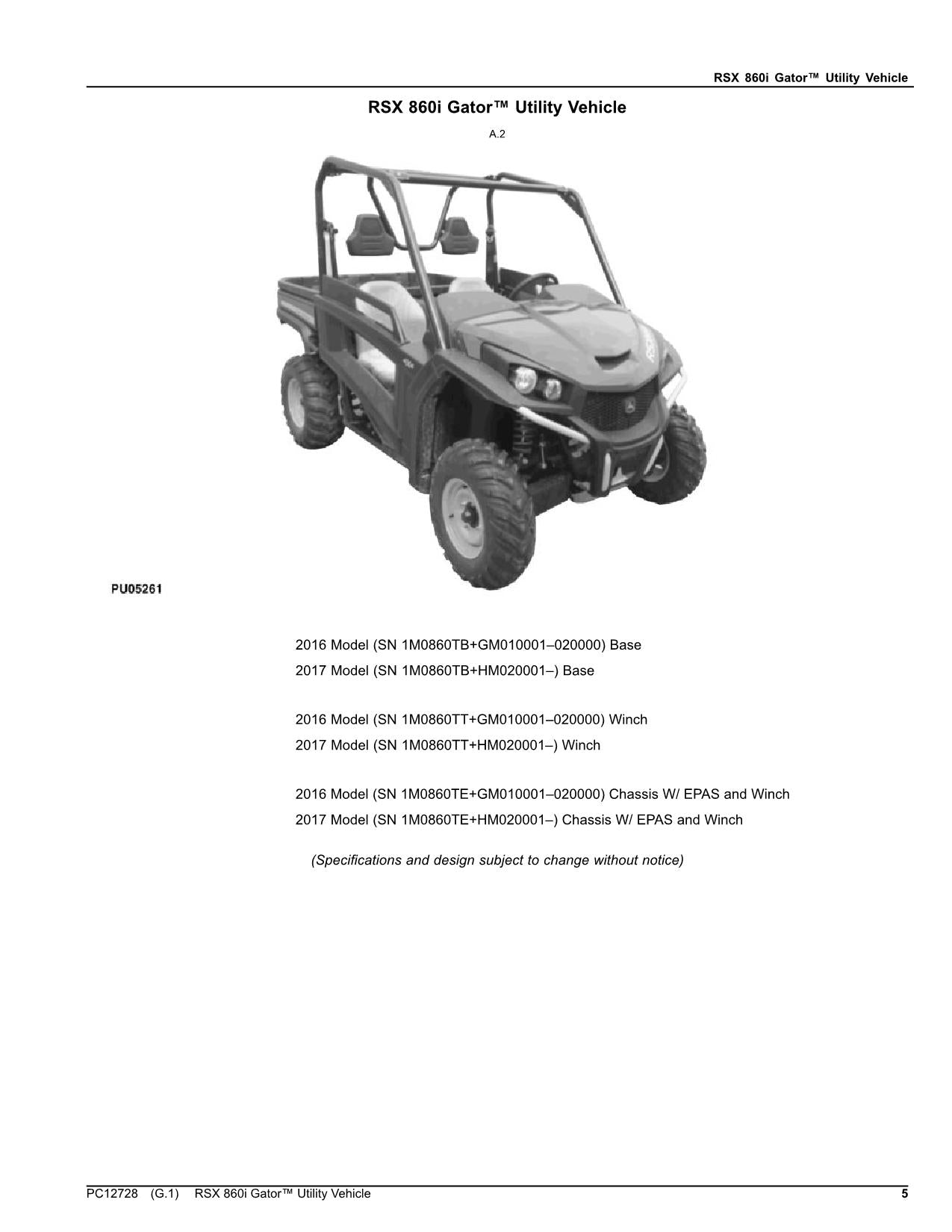 JOHN DEERE RSX 860I GATOR UTILITY VEHICLE PARTS CATALOG MANUAL