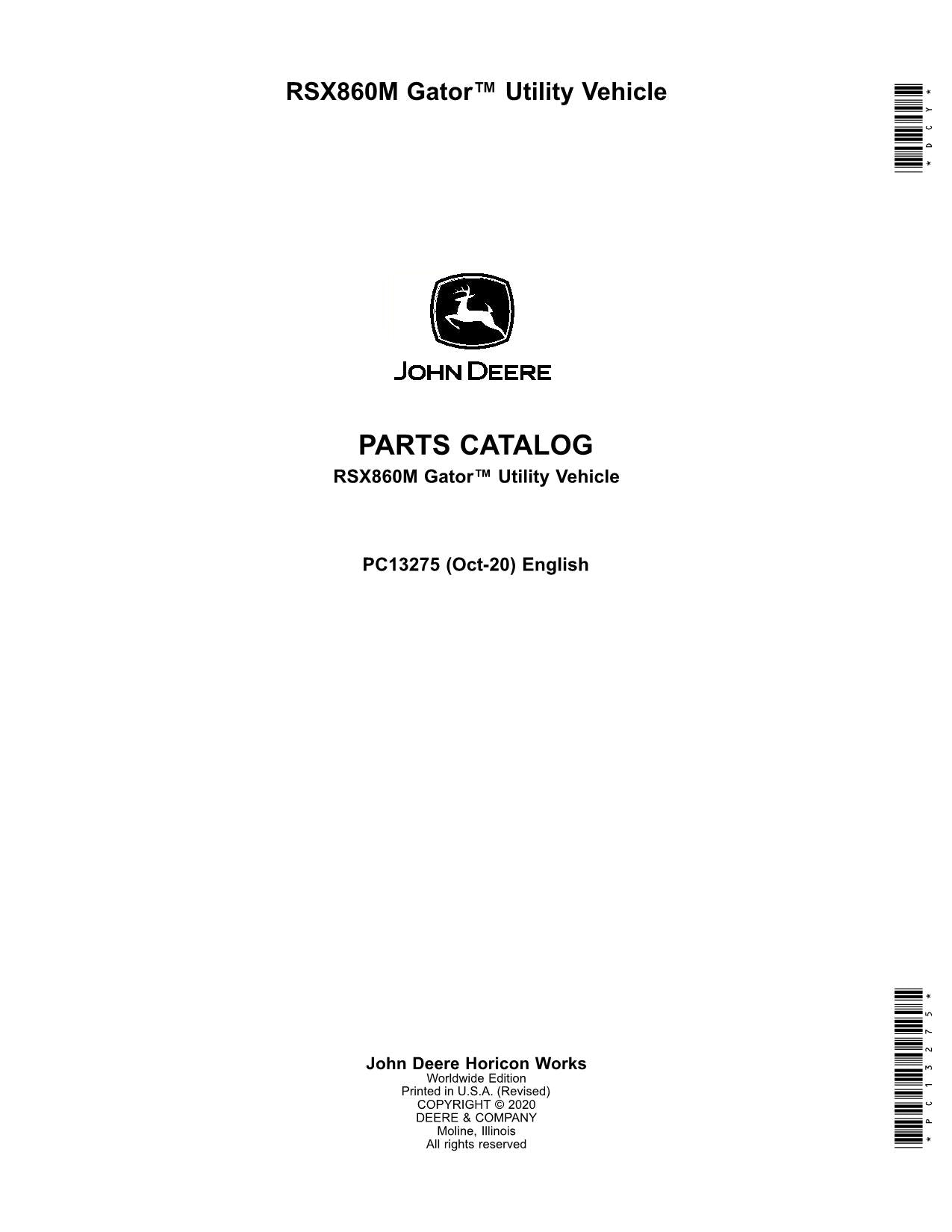 JOHN DEERE RSX860M GATOR UTILITY VEHICLE PARTS CATALOG MANUAL