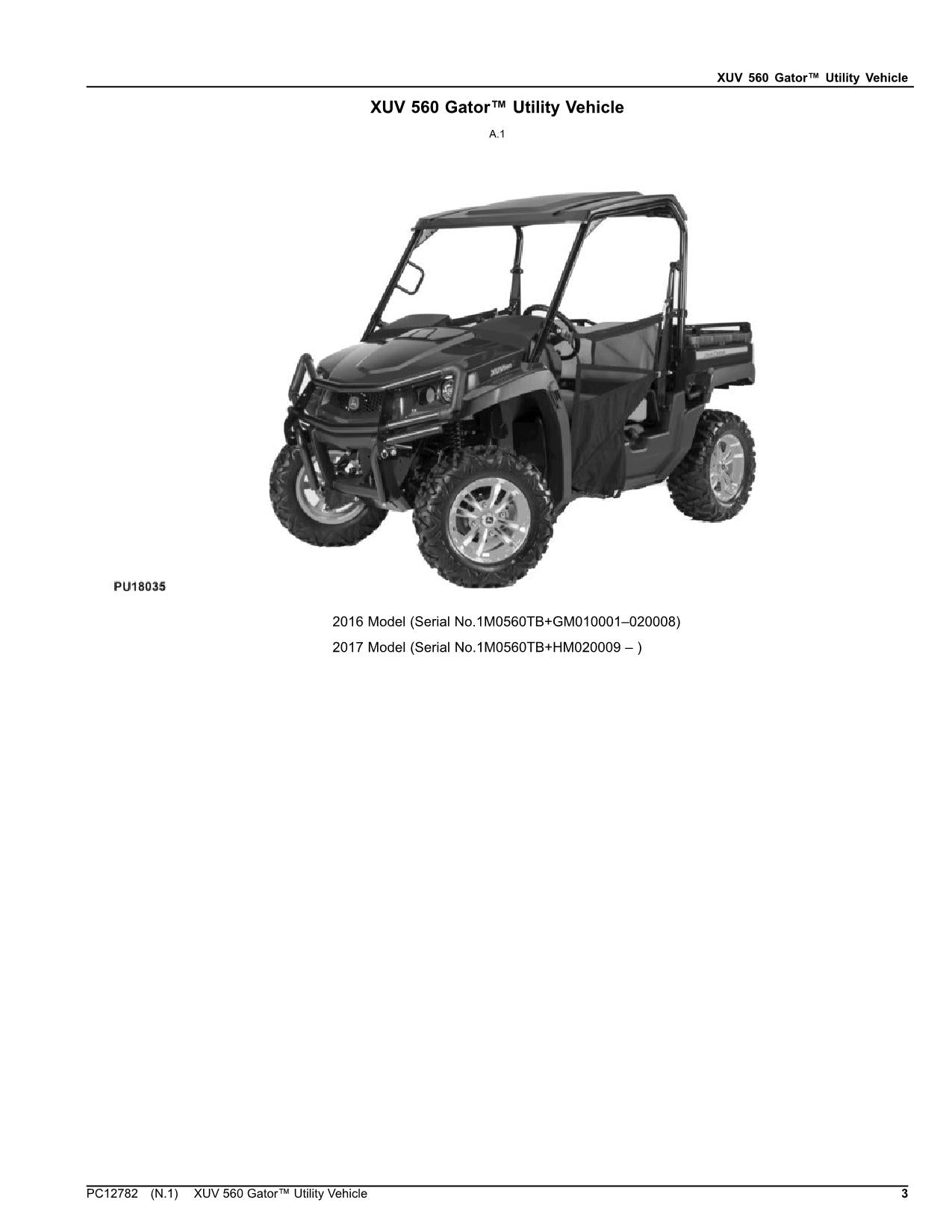 JOHN DEERE XUV 560 GATOR UTILITY VEHICLE PARTS CATALOG MANUAL