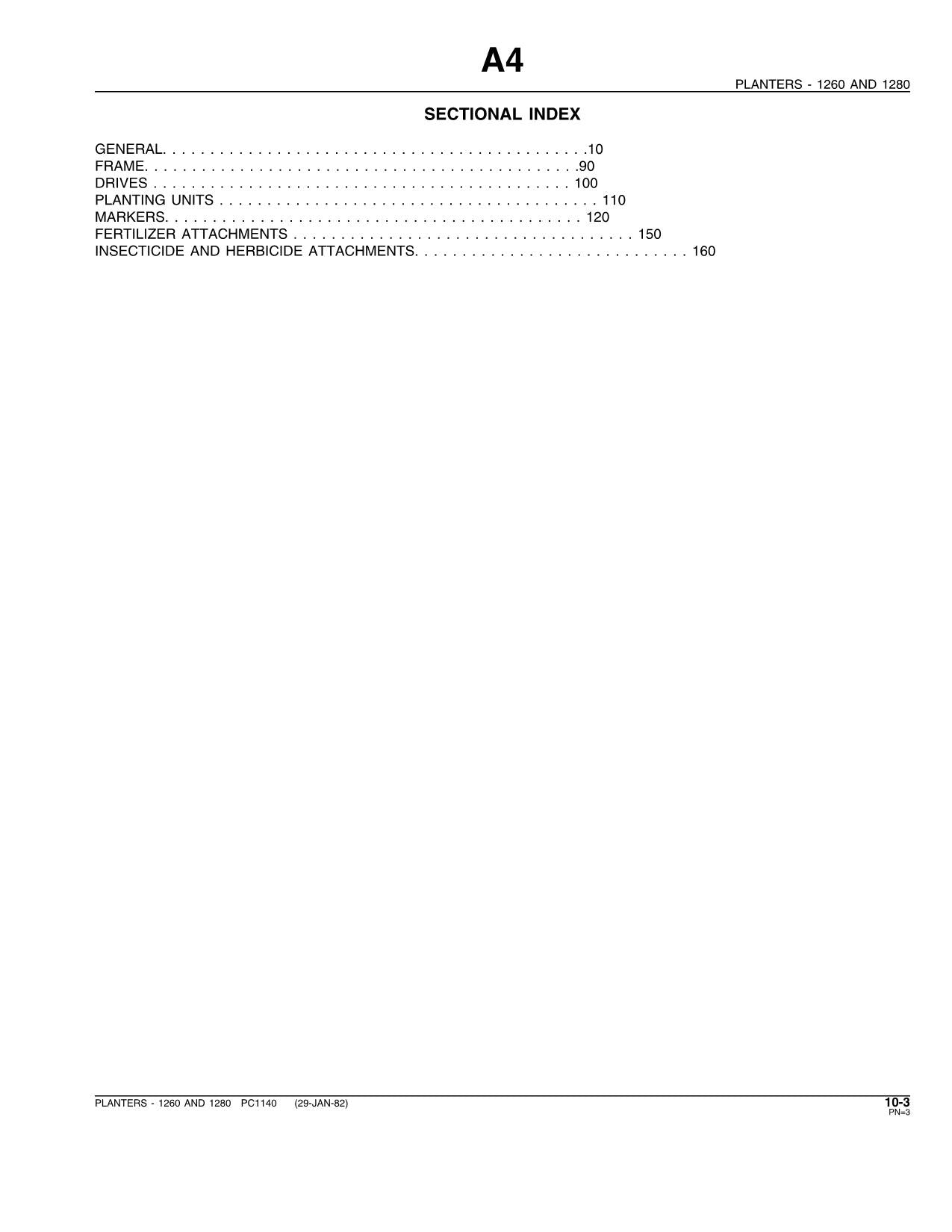 JOHN DEERE 1260 1280 PLANTER PARTS CATALOG MANUAL