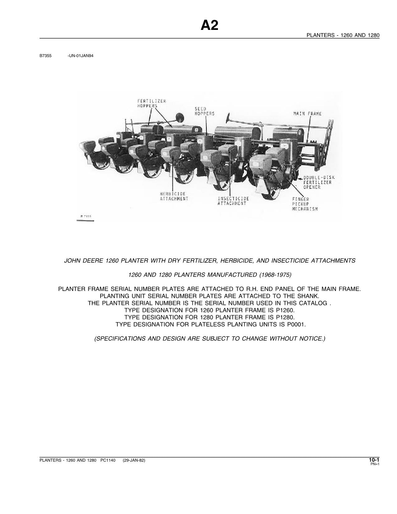 JOHN DEERE 1260 1280 PLANTER PARTS CATALOG MANUAL