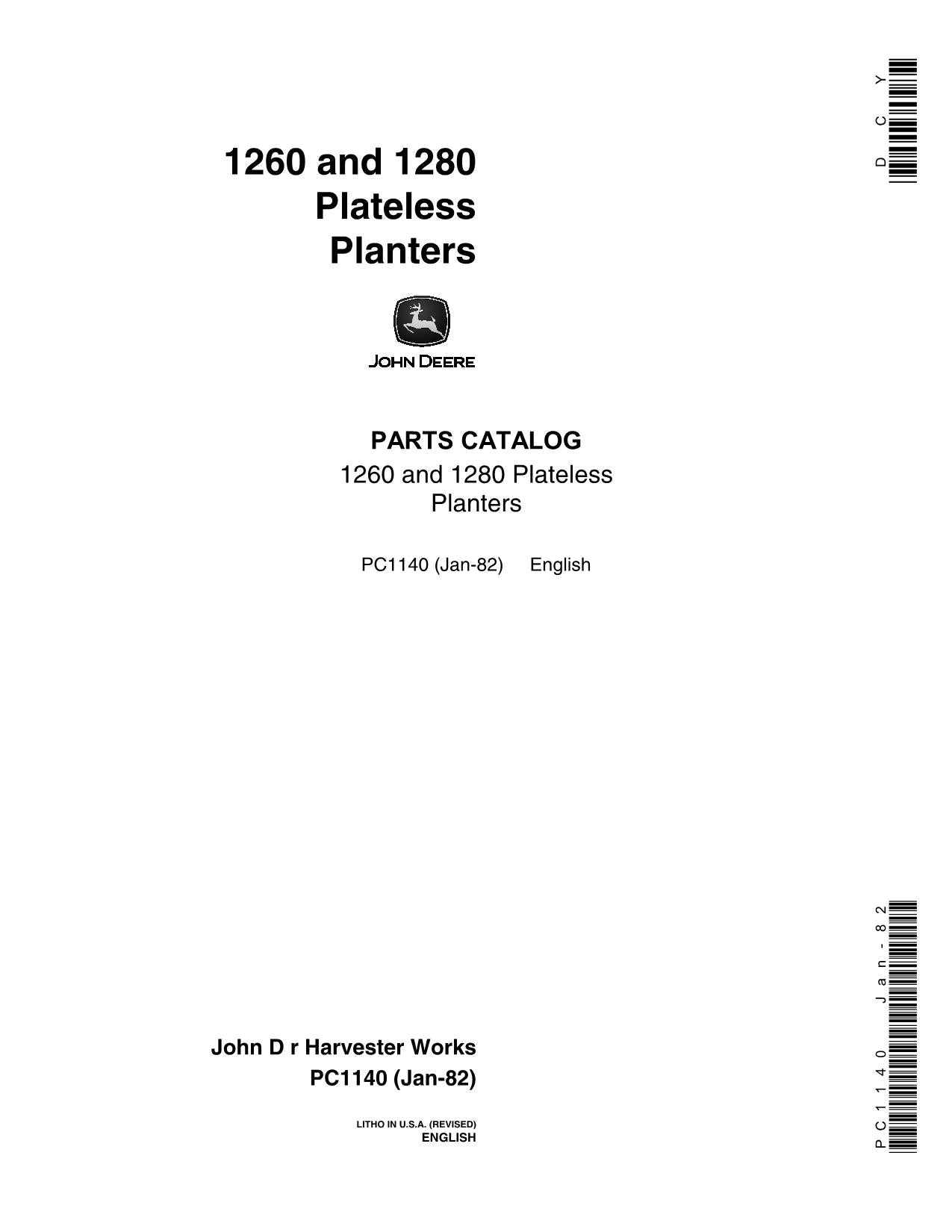 JOHN DEERE 1260 1280 PLANTER PARTS CATALOG MANUAL