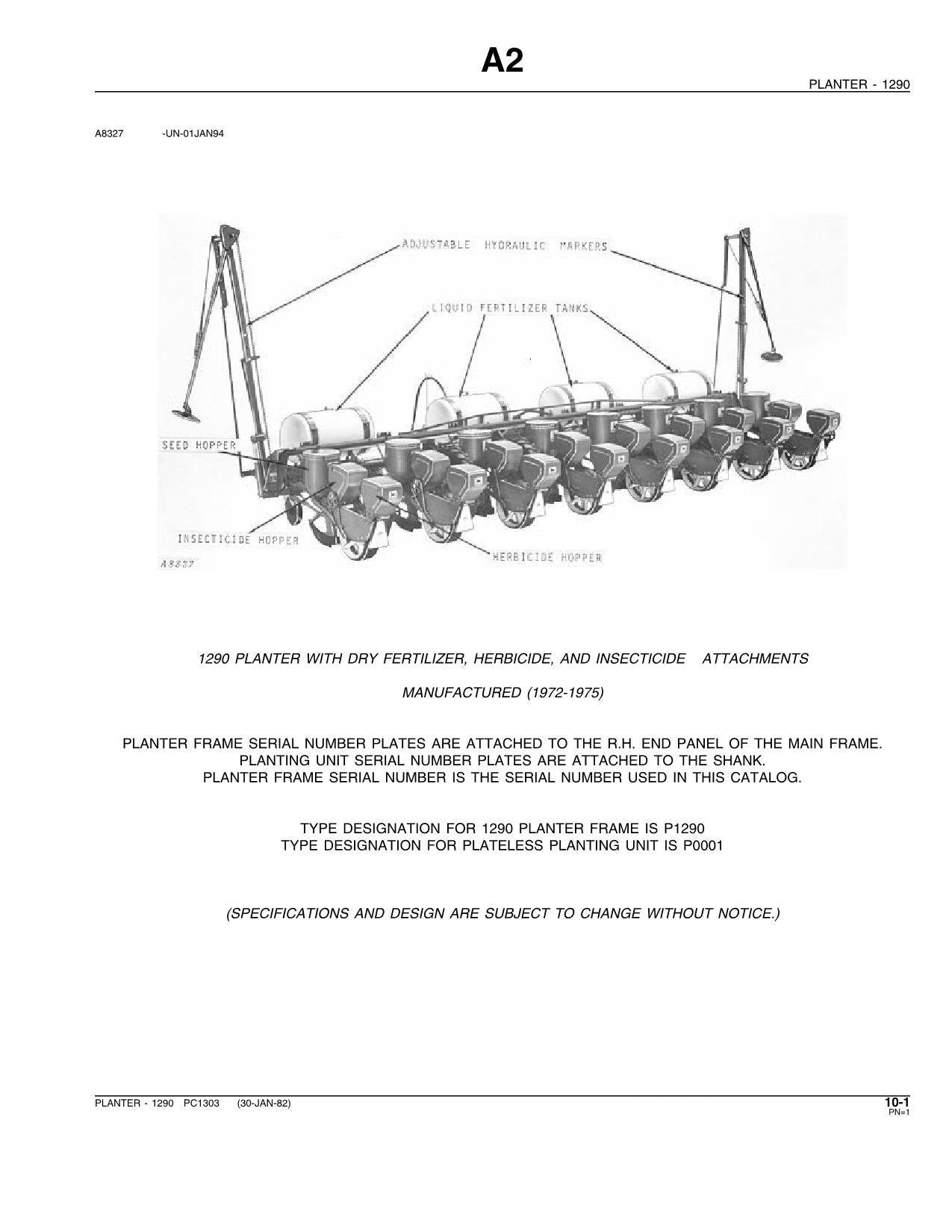 JOHN DEERE 1290 PLANTER PARTS CATALOG MANUAL