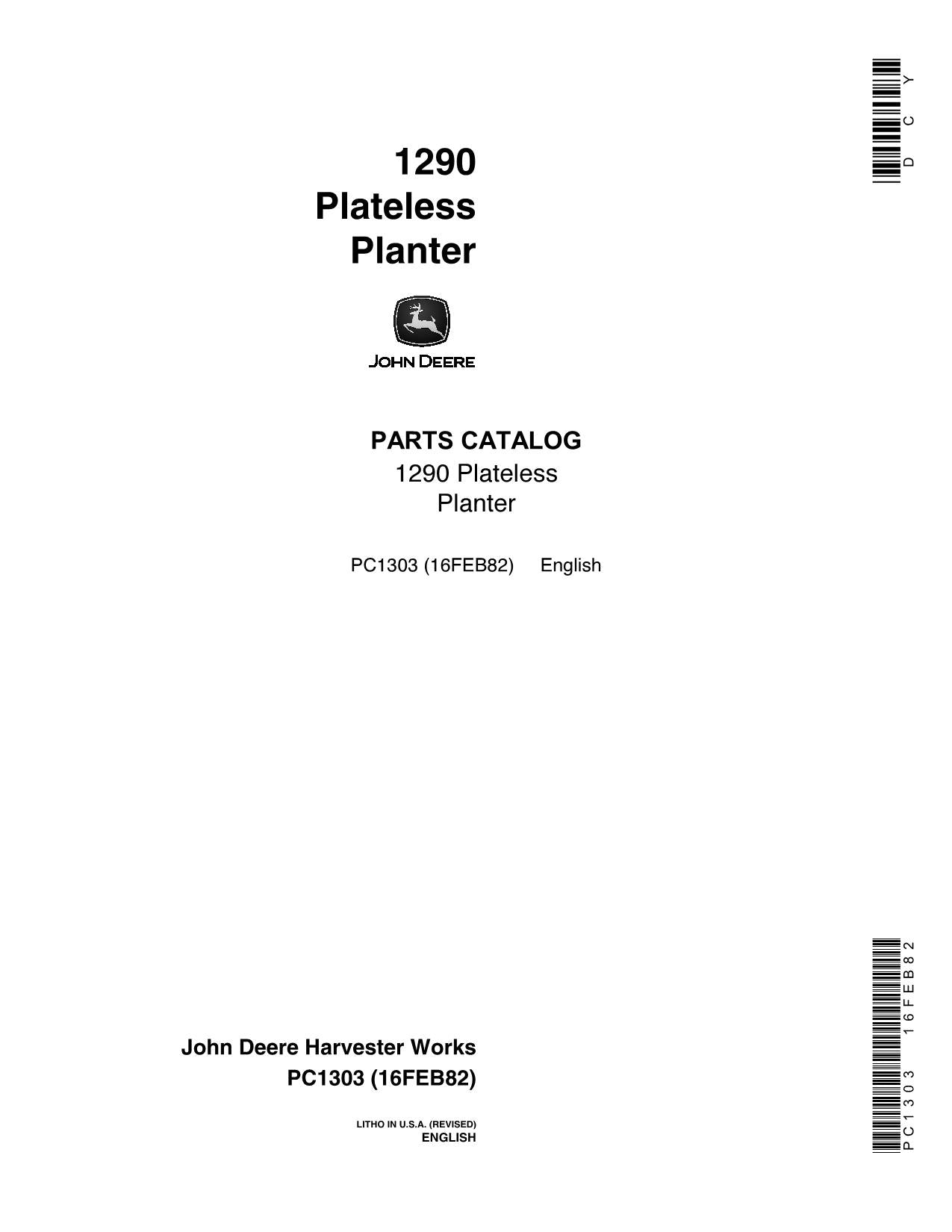 JOHN DEERE 1290 PLANTER PARTS CATALOG MANUAL