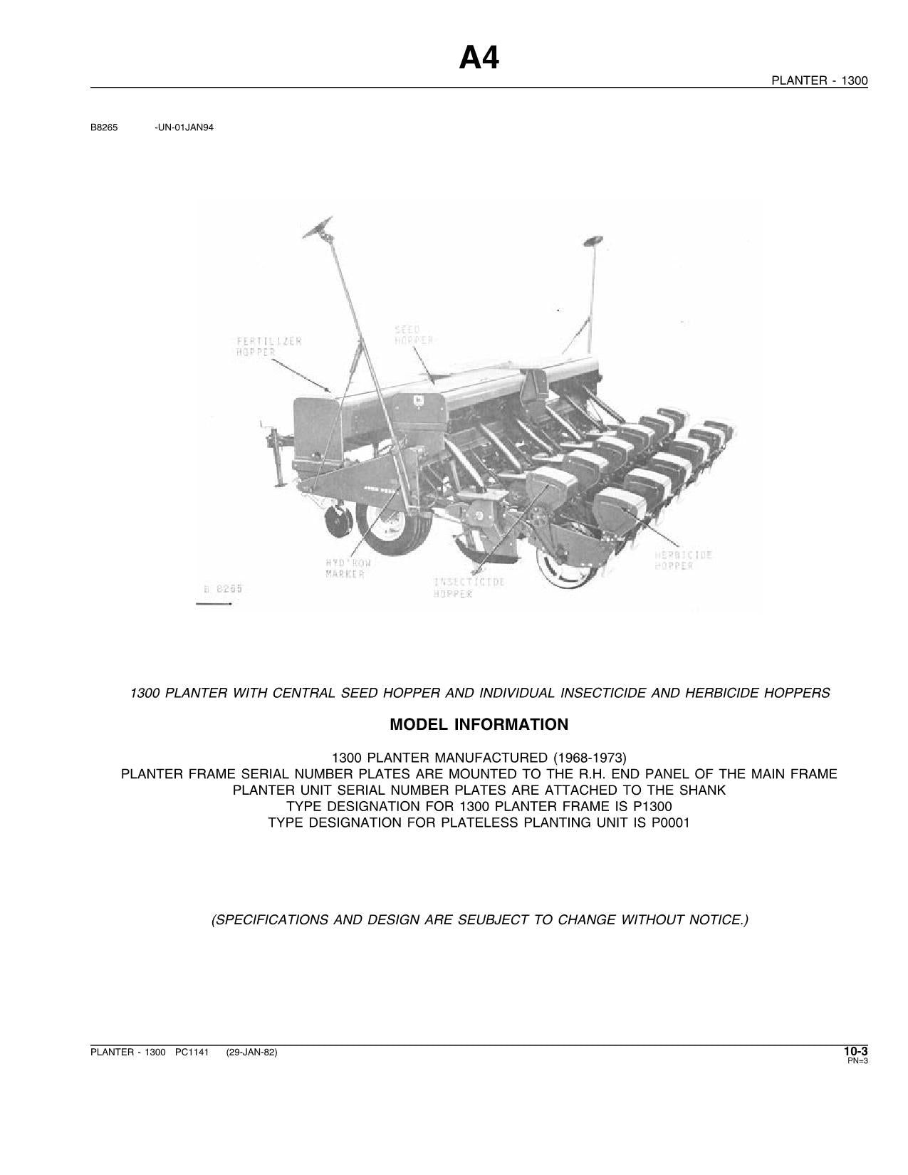 JOHN DEERE 1300 PLANTER PARTS CATALOG MANUAL