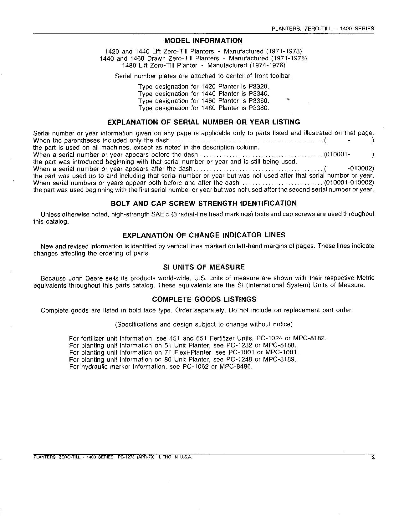 JOHN DEERE 1400 PLANTER PARTS CATALOG MANUAL