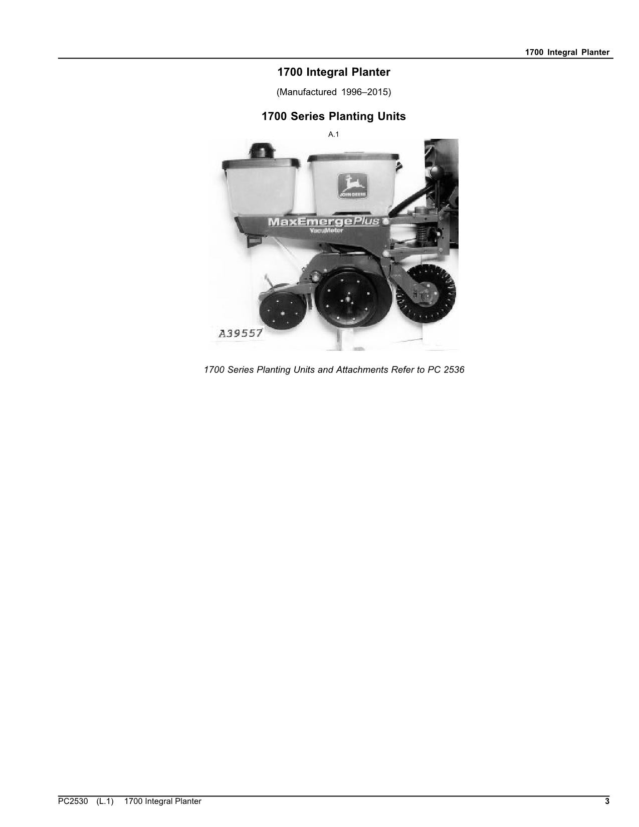 JOHN DEERE 1700 PLANTER PARTS CATALOG MANUAL #1