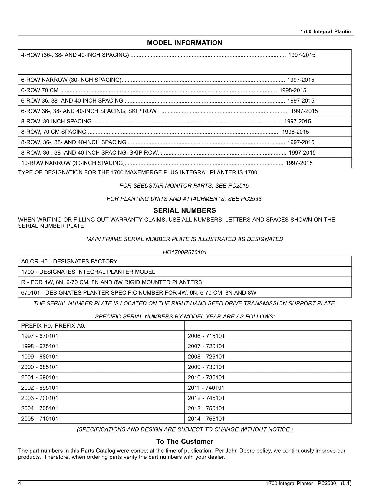 JOHN DEERE 1700 PLANTER PARTS CATALOG MANUAL #1