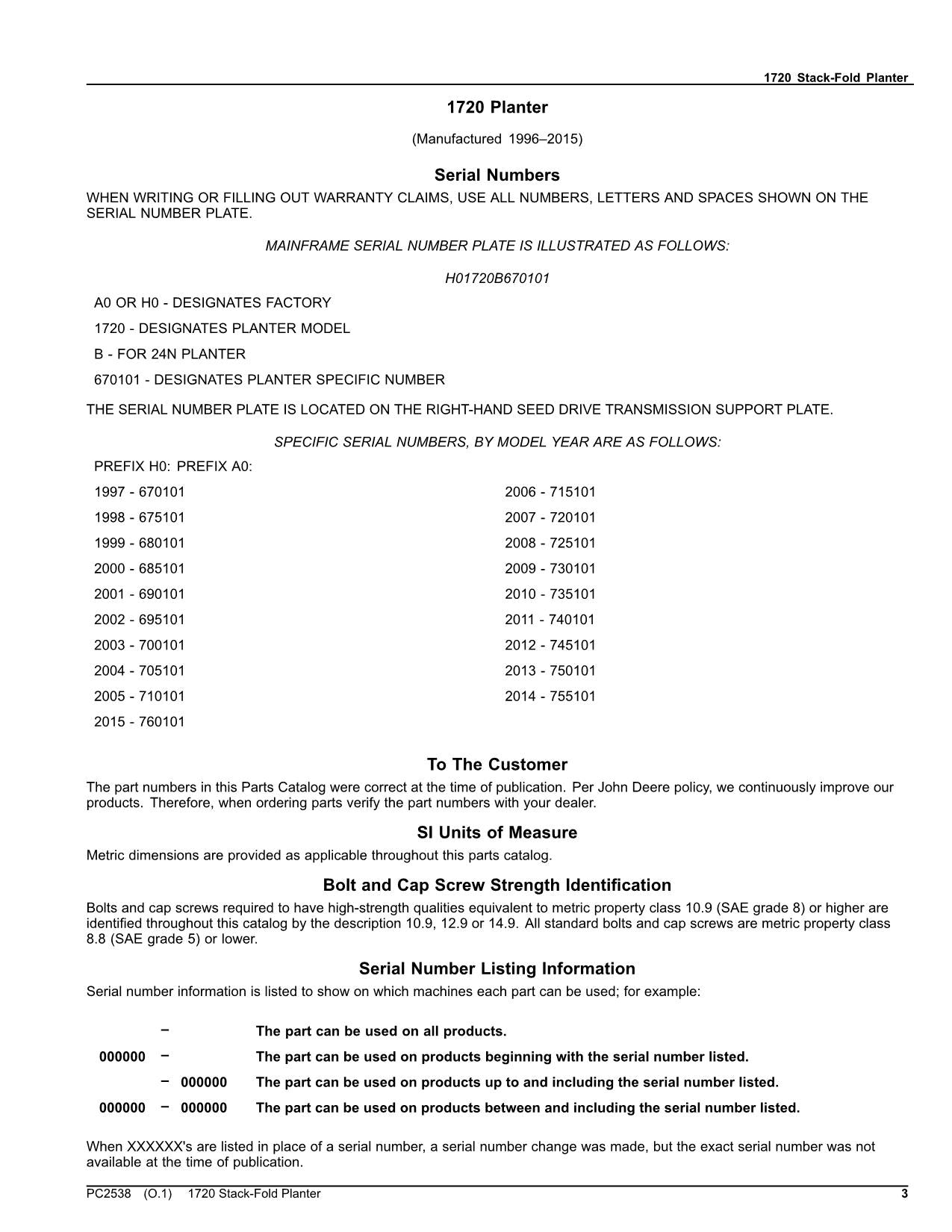 JOHN DEERE 1720 PLANTER PARTS CATALOG MANUAL