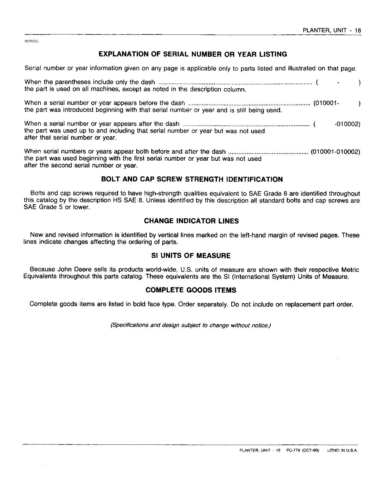 JOHN DEERE 18 PLANTER PARTS CATALOG MANUAL