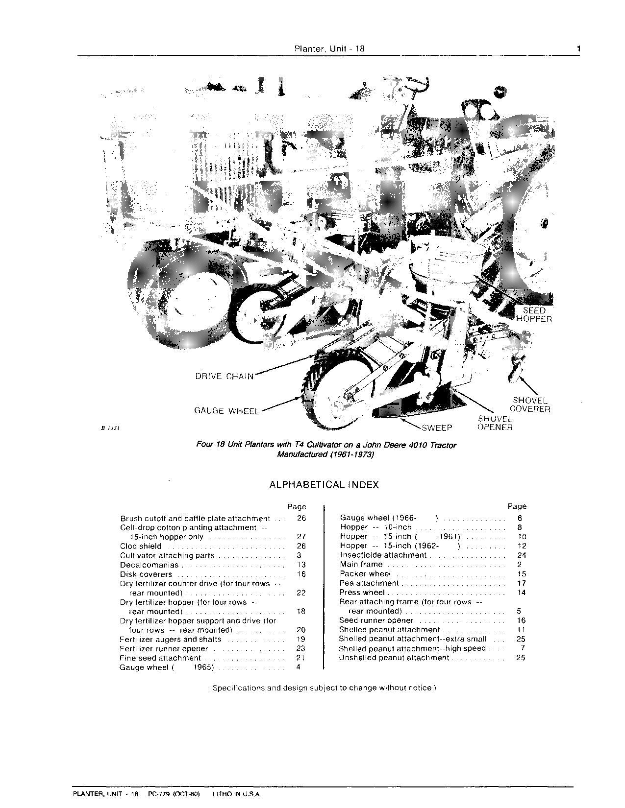 JOHN DEERE 18 PLANTER PARTS CATALOG MANUAL