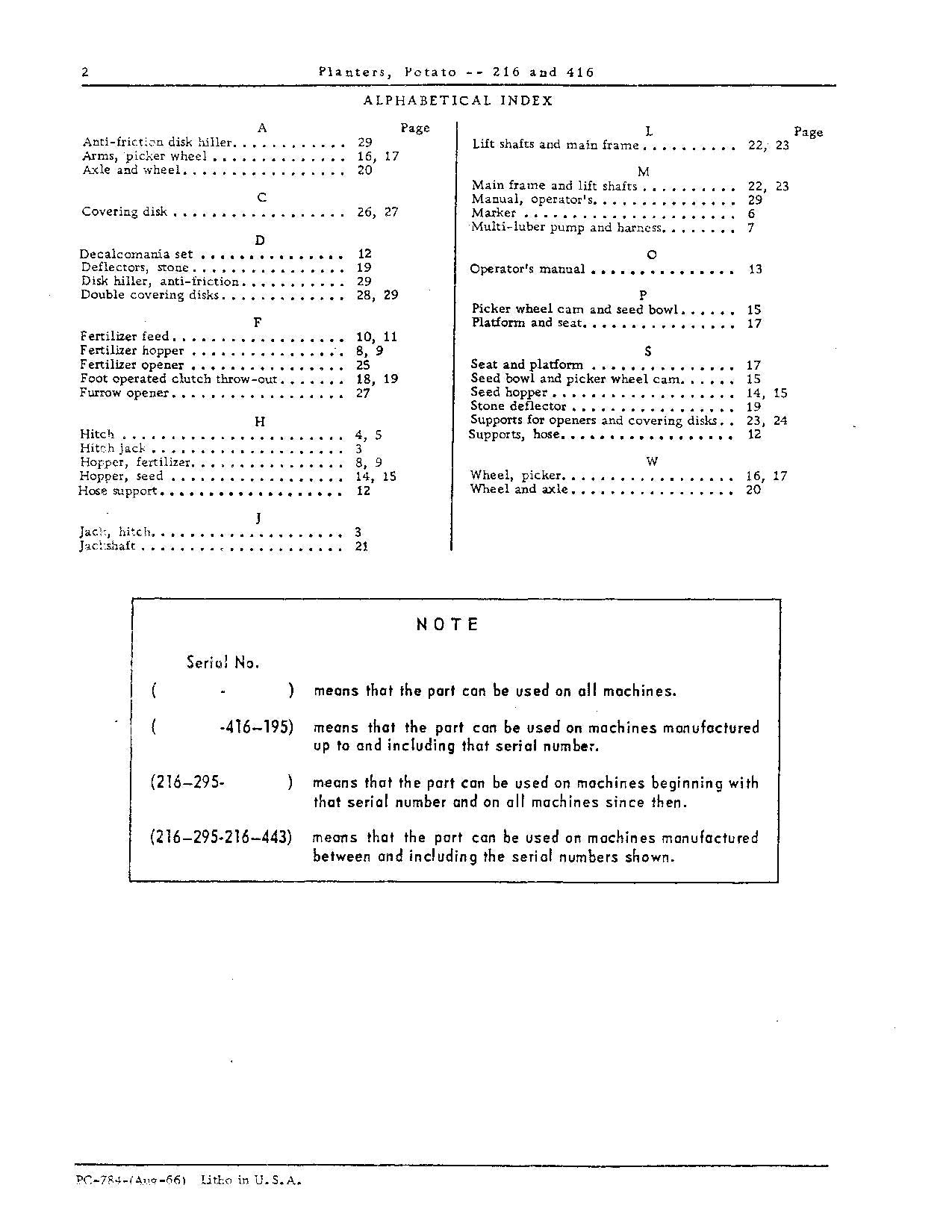 JOHN DEERE 216 416 PLANTER PARTS CATALOG MANUAL