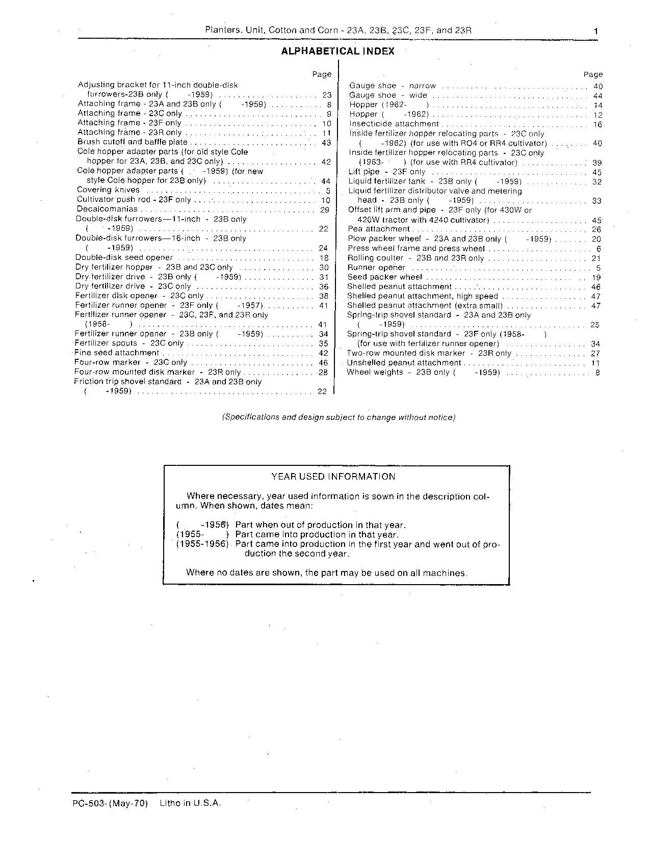 JOHN DEERE 23A 23B 23C 23F 23R PLANTER PARTS CATALOG MANUAL