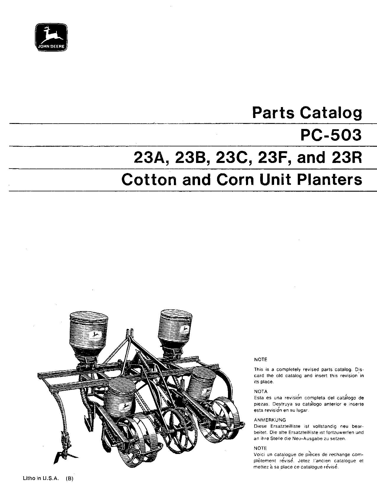 JOHN DEERE 23A 23B 23C 23F 23R PLANTER PARTS CATALOG MANUAL