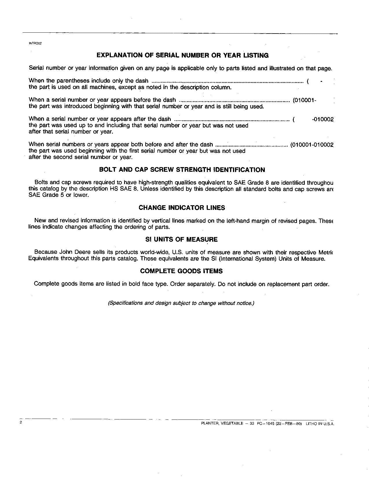 JOHN DEERE 33 PLANTER PARTS CATALOG MANUAL