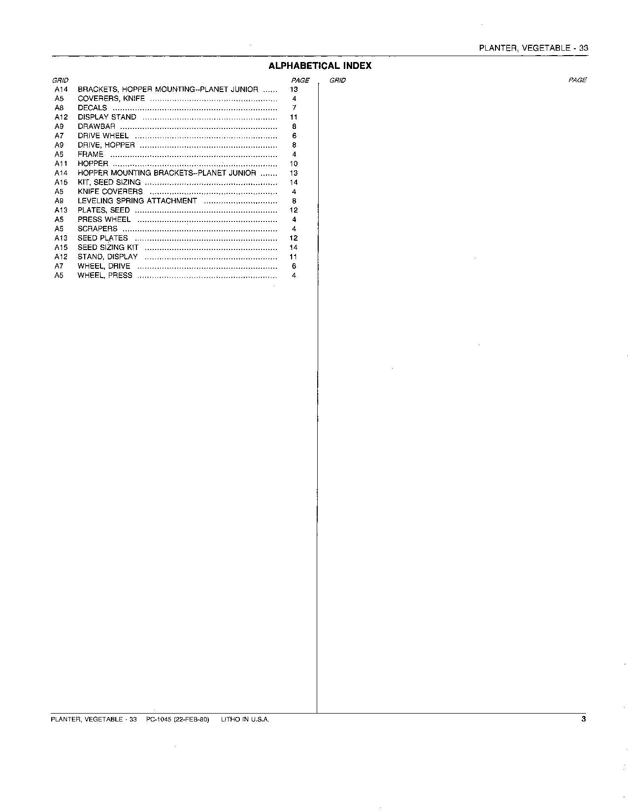 JOHN DEERE 33 PLANTER PARTS CATALOG MANUAL