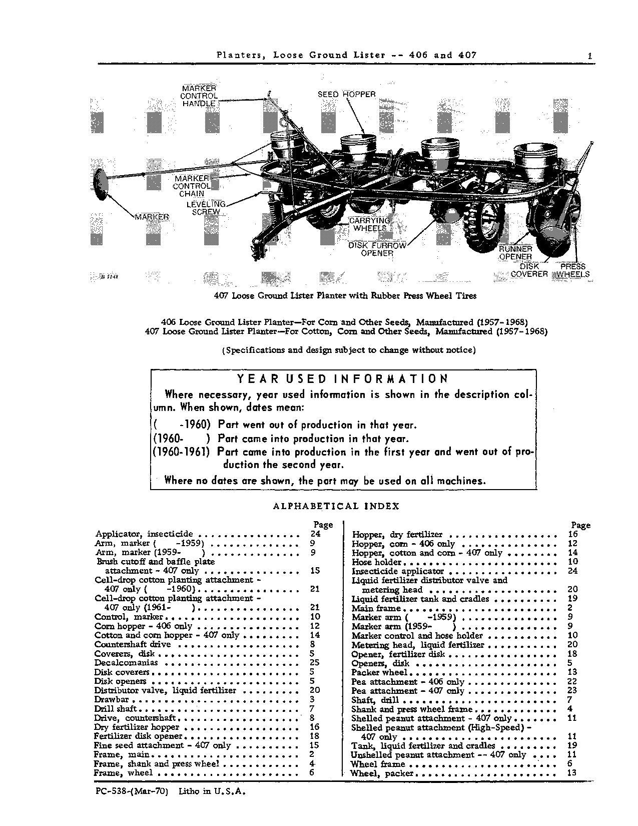 JOHN DEERE 406 407 PLANTER PARTS CATALOG MANUAL