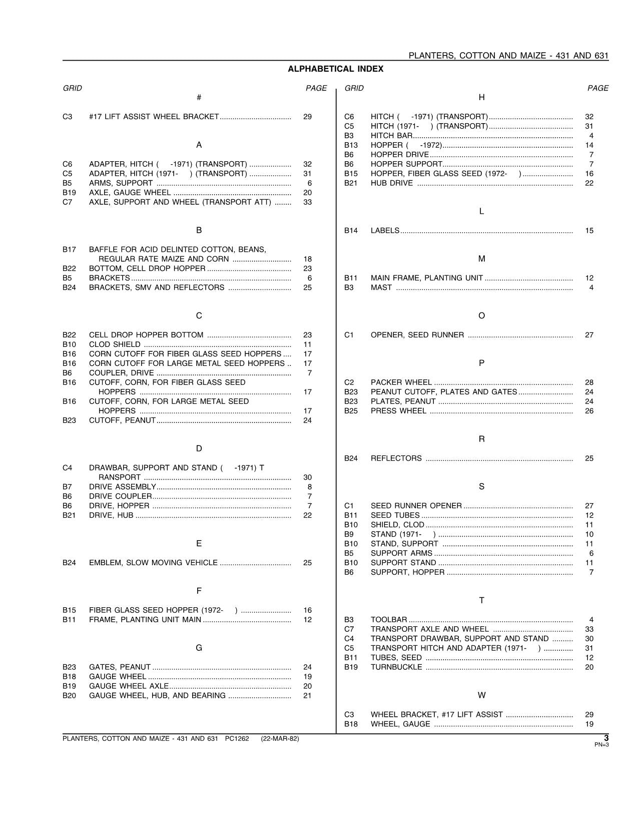 JOHN DEERE 431 631 PLANTER PARTS CATALOG MANUAL