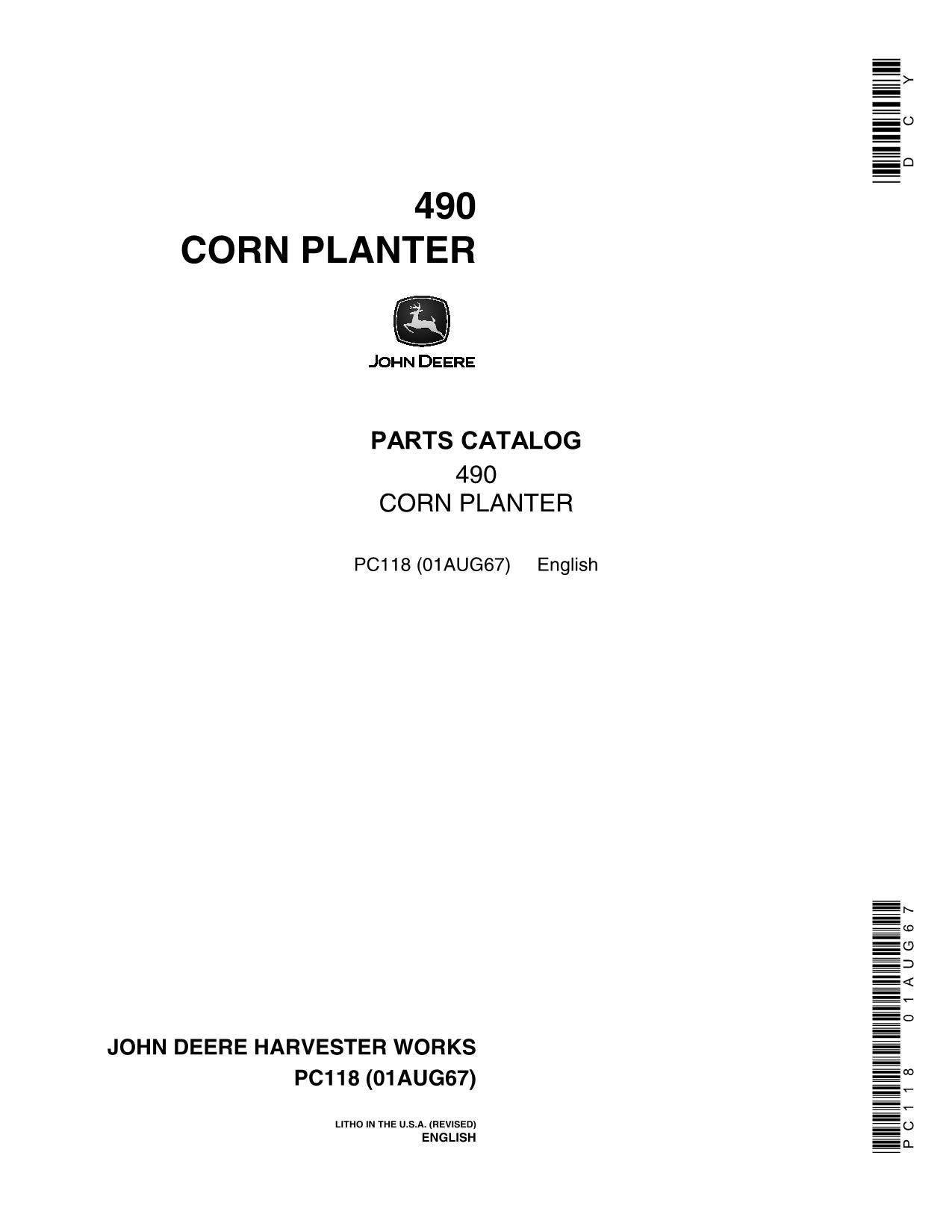 JOHN DEERE 490 PLANTER PARTS CATALOG MANUAL