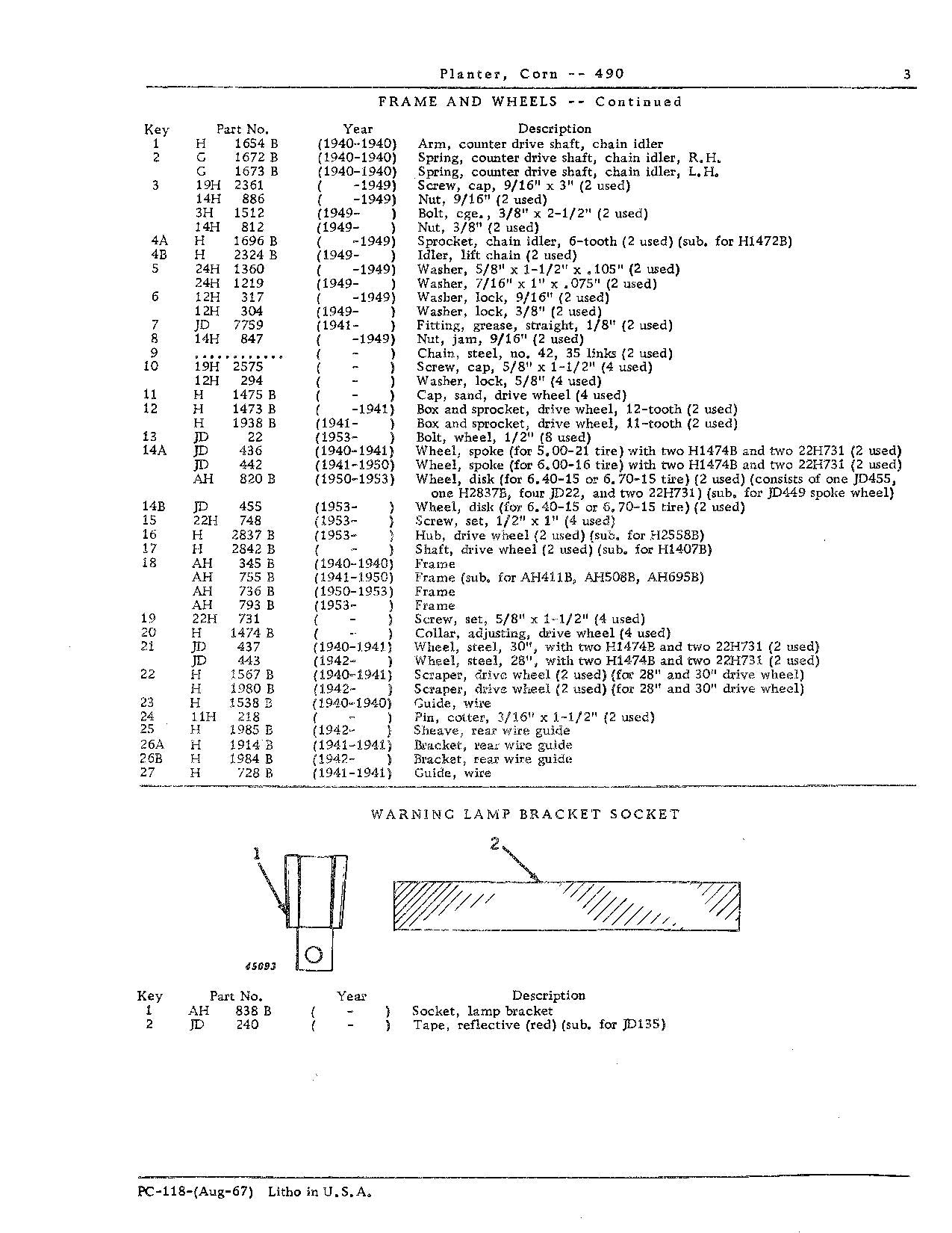 JOHN DEERE 490 PLANTER PARTS CATALOG MANUAL