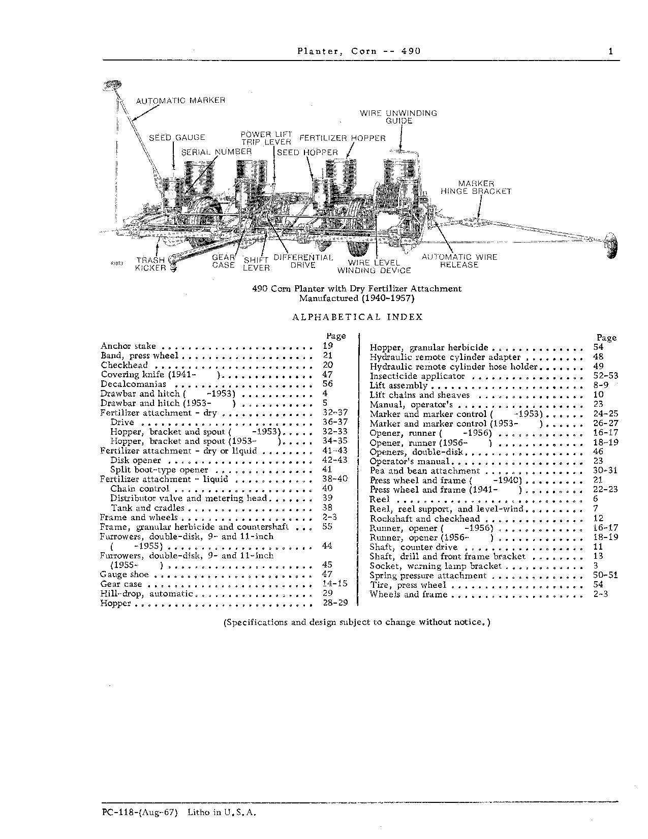 JOHN DEERE 490 PLANTER PARTS CATALOG MANUAL