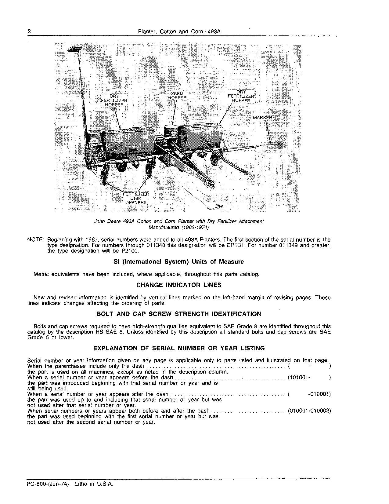 JOHN DEERE 493A PLANTER PARTS CATALOG MANUAL